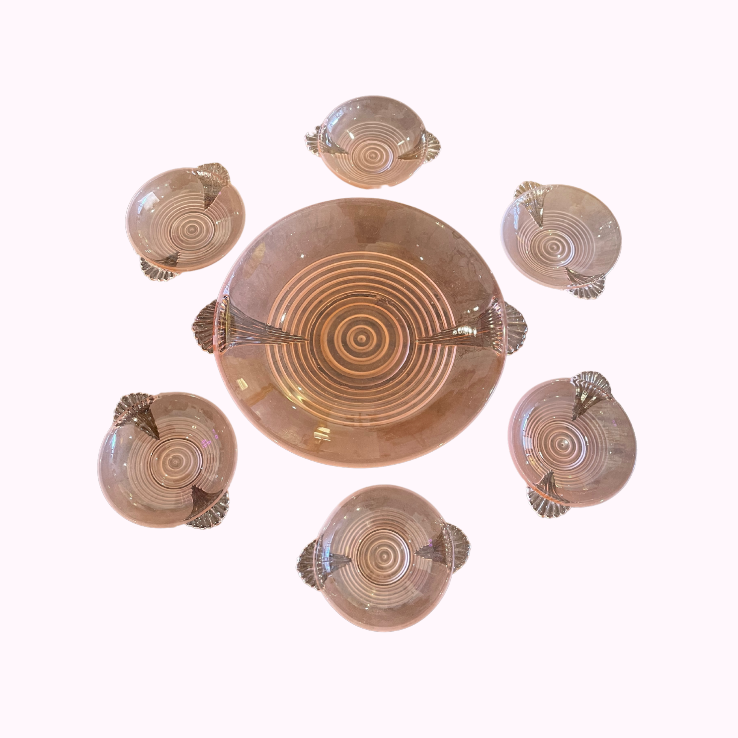 French 1940s Art Déco pink dessert set with serving bowl
