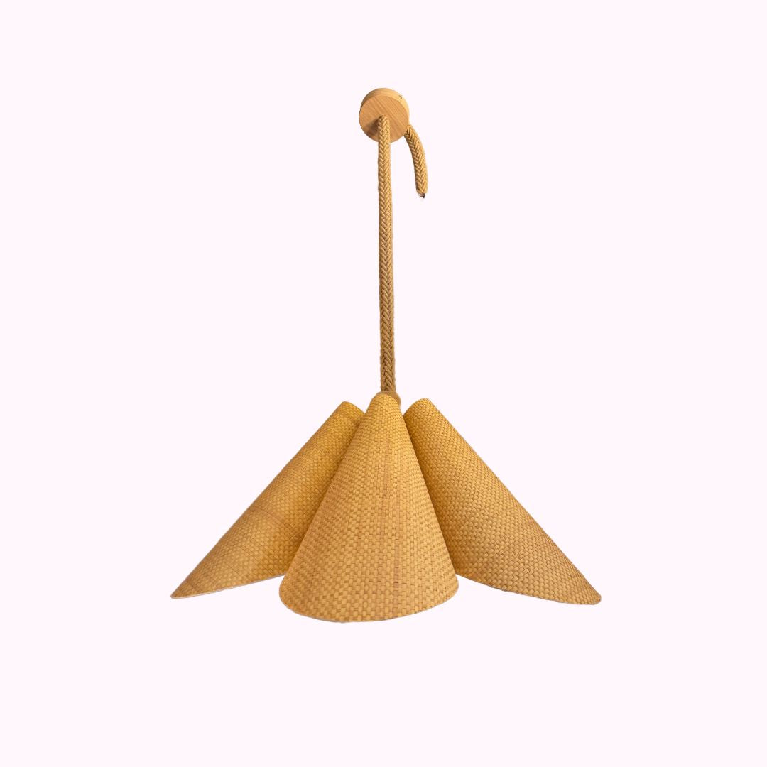 Adjustable height rattan ceiling pendant light