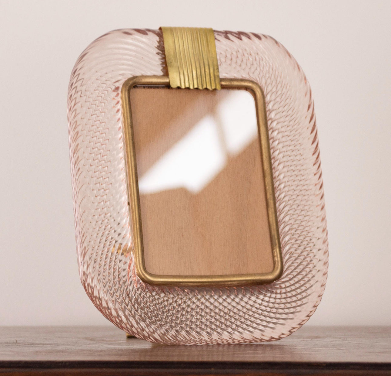 Twisted pink Murano glass picture frame with brass