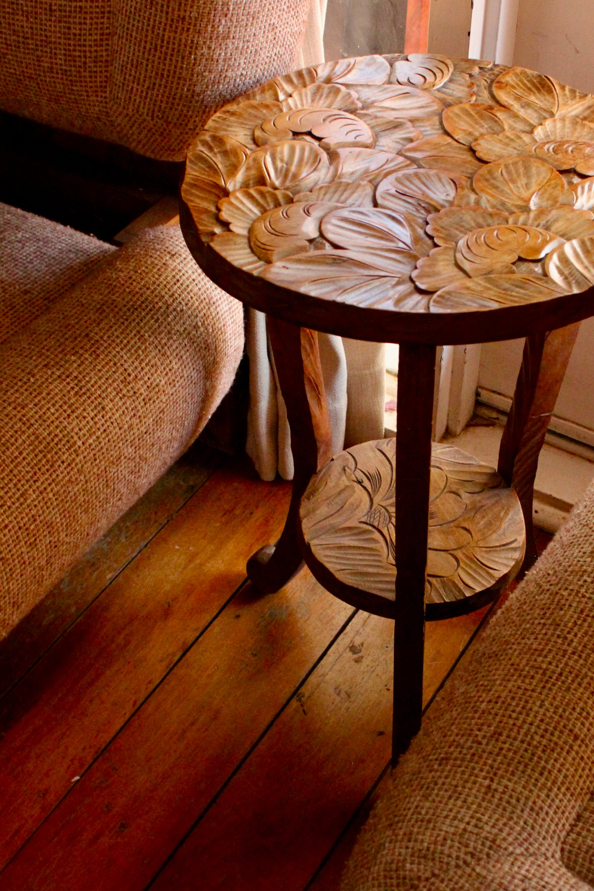 Antique Japanese side table with carved flowers – early 20th century