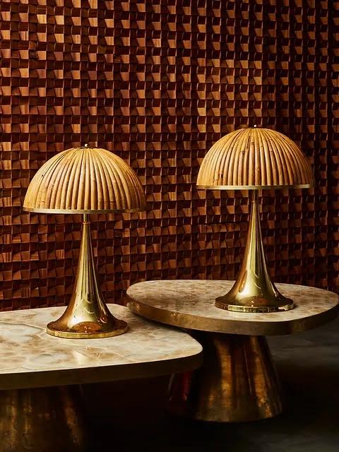 Mid-century style wooden shade table lamps