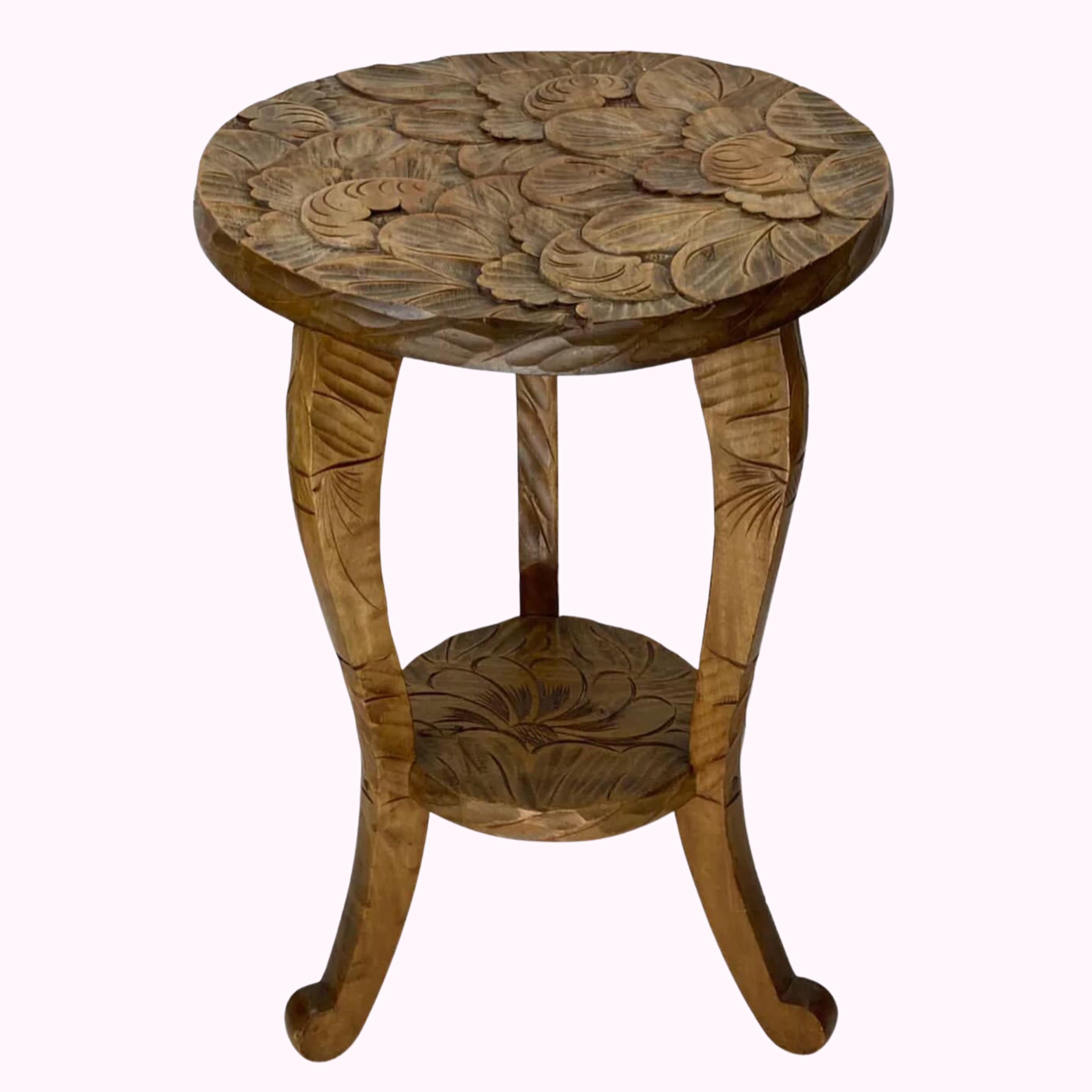 Japanese 1905 hand-carved floral side table – antique wooden furniture