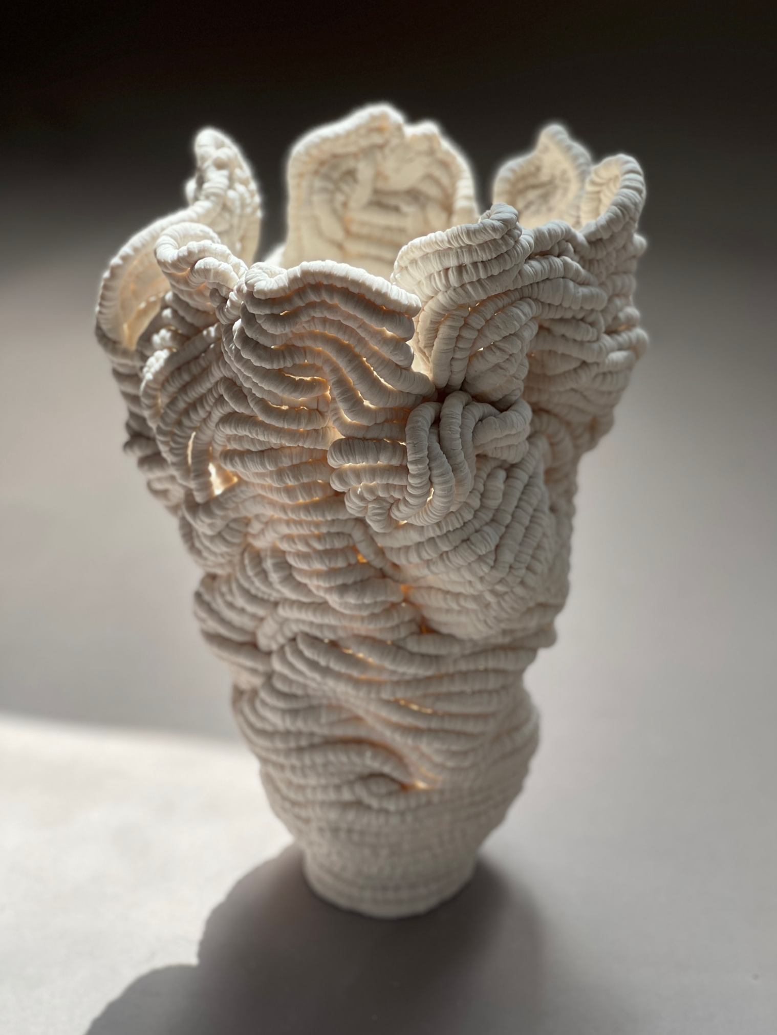 Crewel Arabesque porcelain vessel by Leah Kaplan