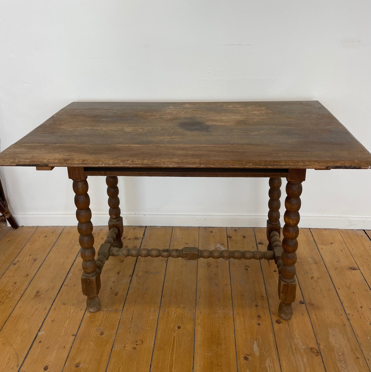 French 19th C Oak Table
with Bobbin Legs