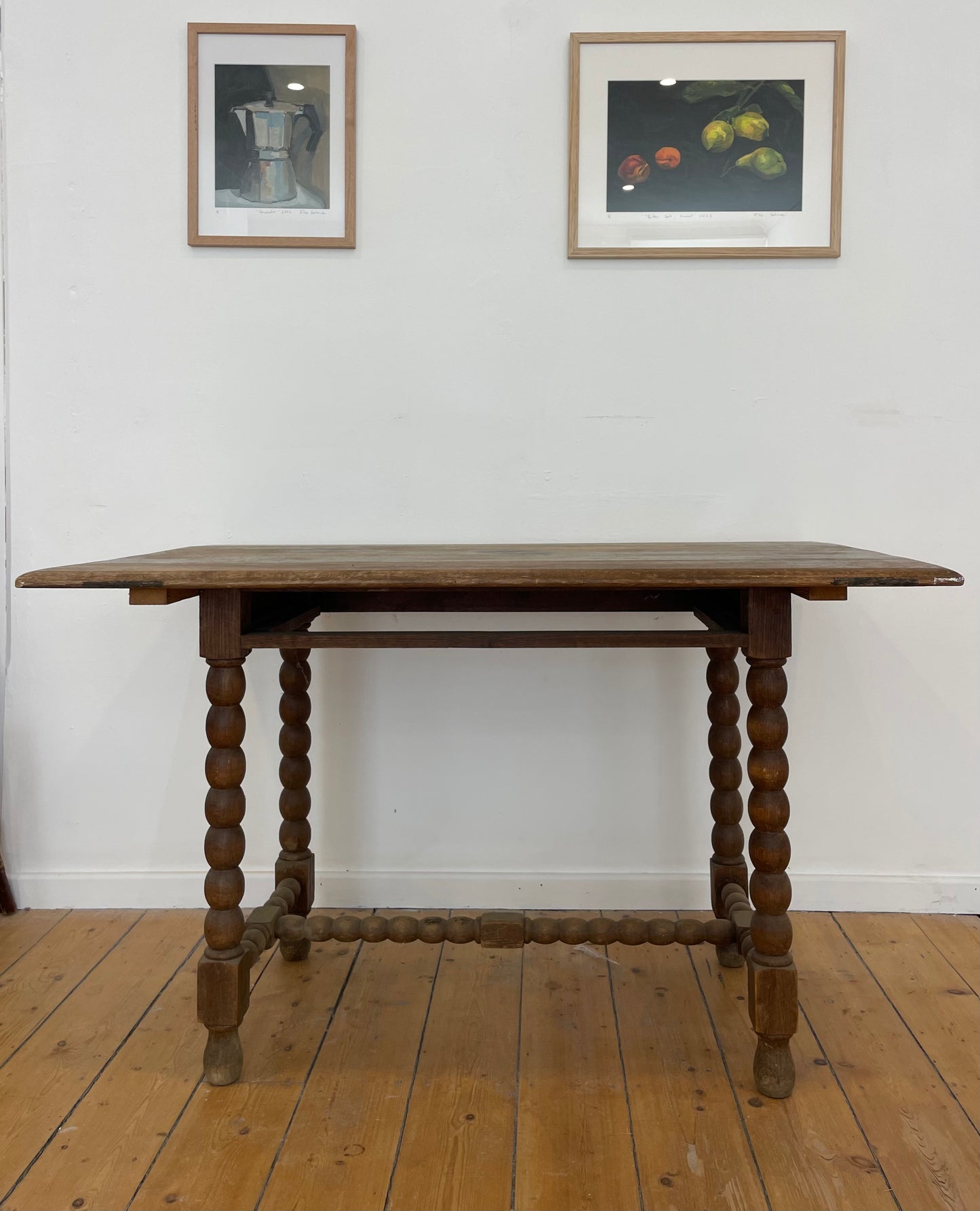 French 19th C Oak Table
with Bobbin Legs
