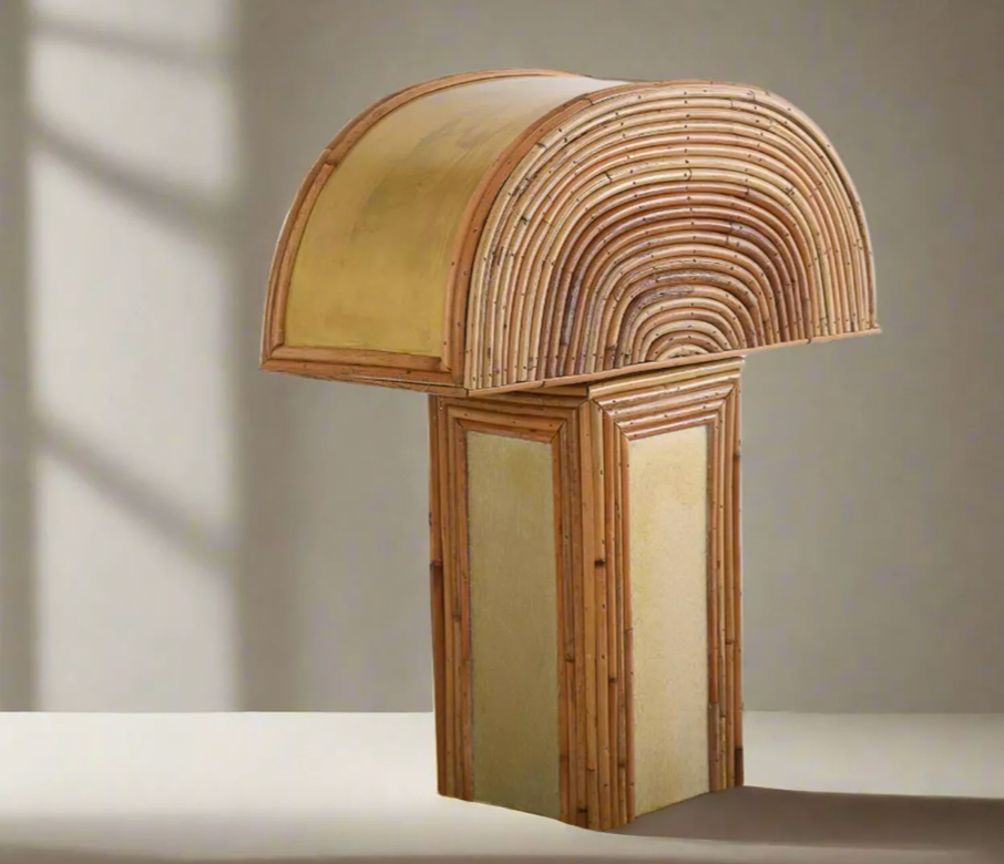 Handcrafted decorative table lamp with brass and rattan