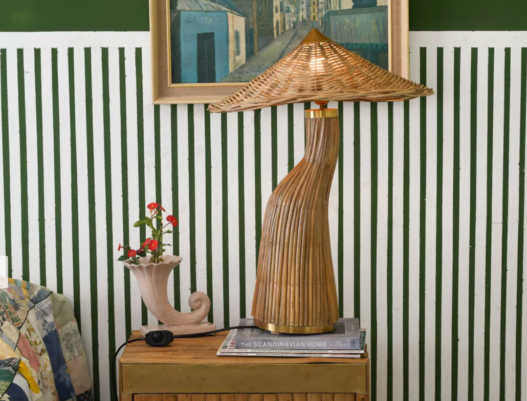Handcrafted mid-century modern rattan lamp with gold accents