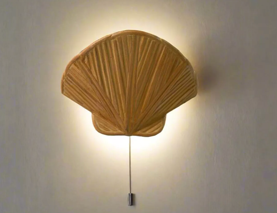 Rattan and wicker shell wall light H23 x W28 x D15 cm