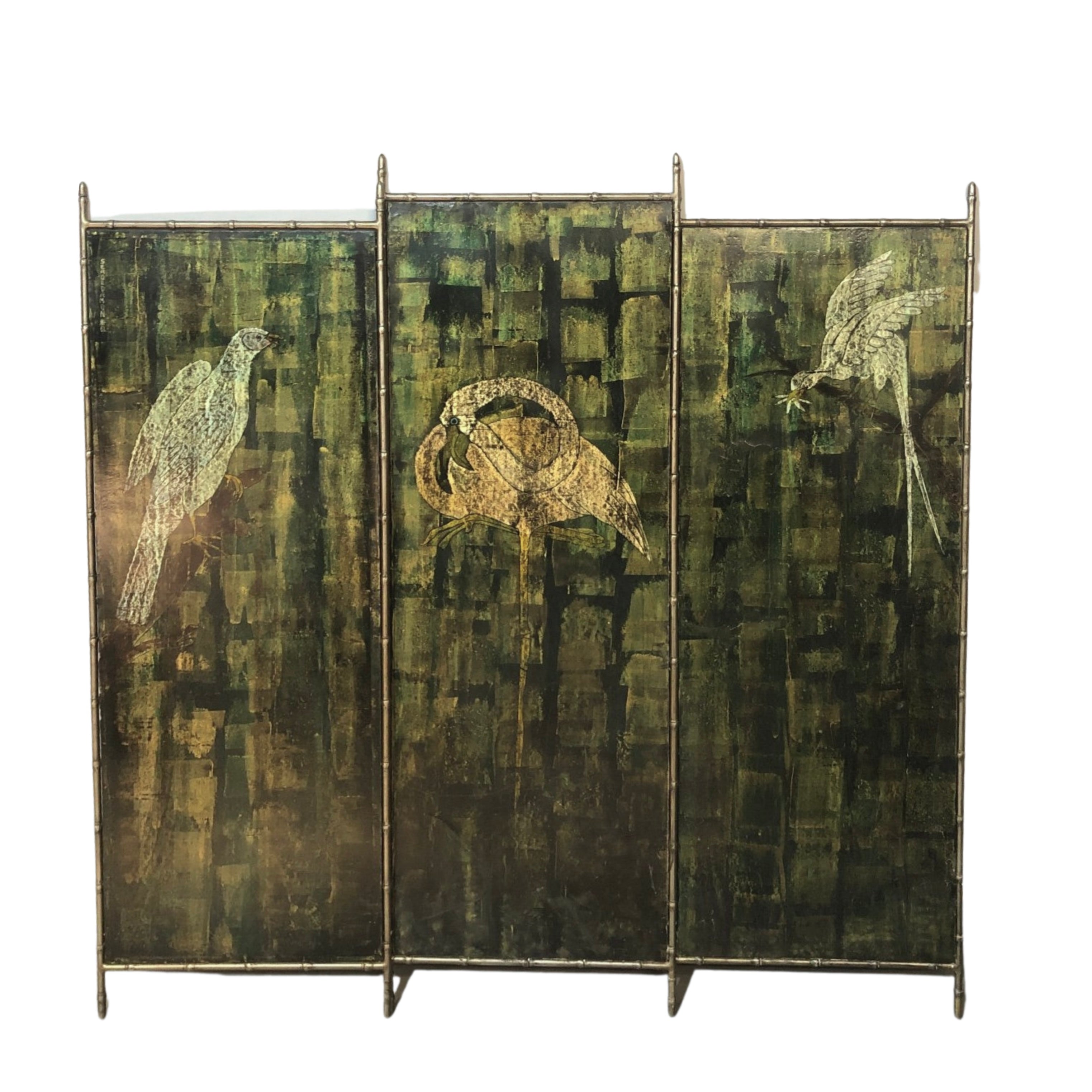 French 1950s decorative screen with brass bamboo frame