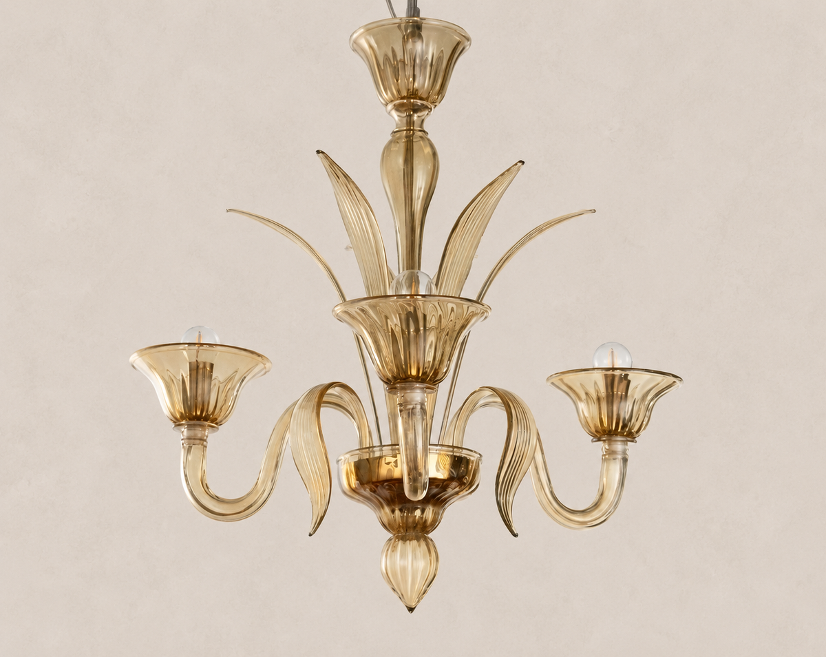 Amber Murano Glass Chandelier – 3 Lights on pale stone background