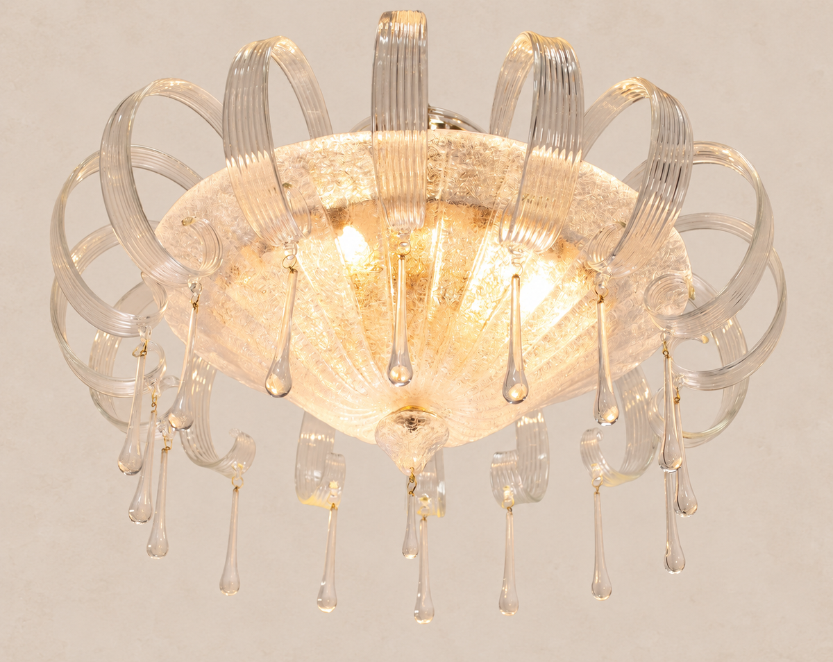 Clear Murano Glass Ribbon Ceiling Light on pale stone background