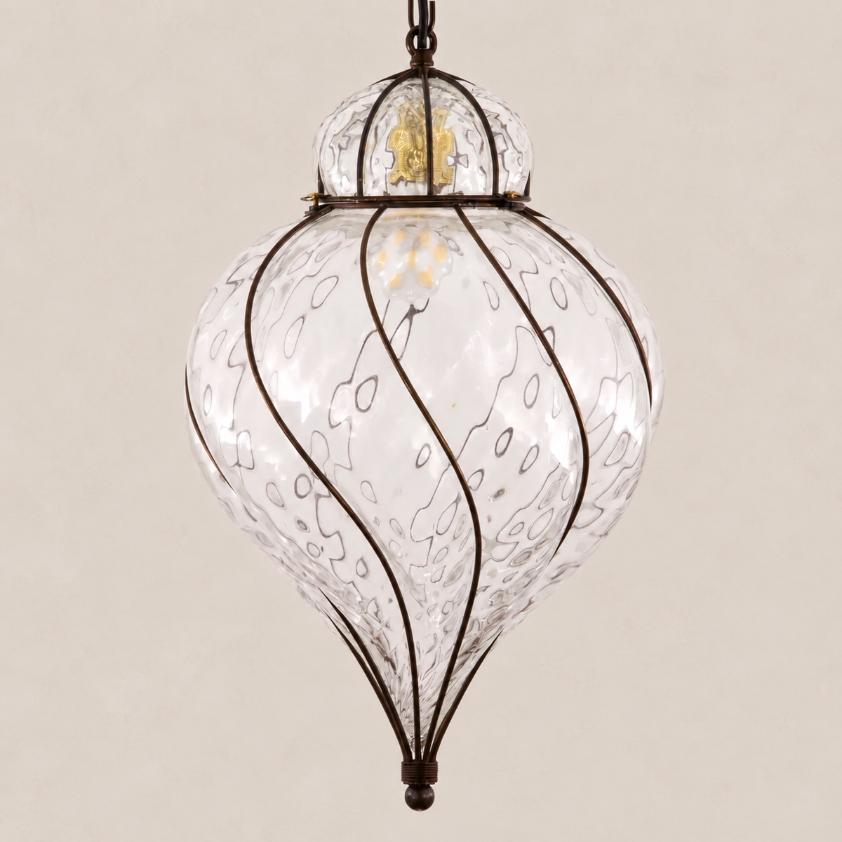 Large Clear Murano Glass Lantern Pendant on pale stone background