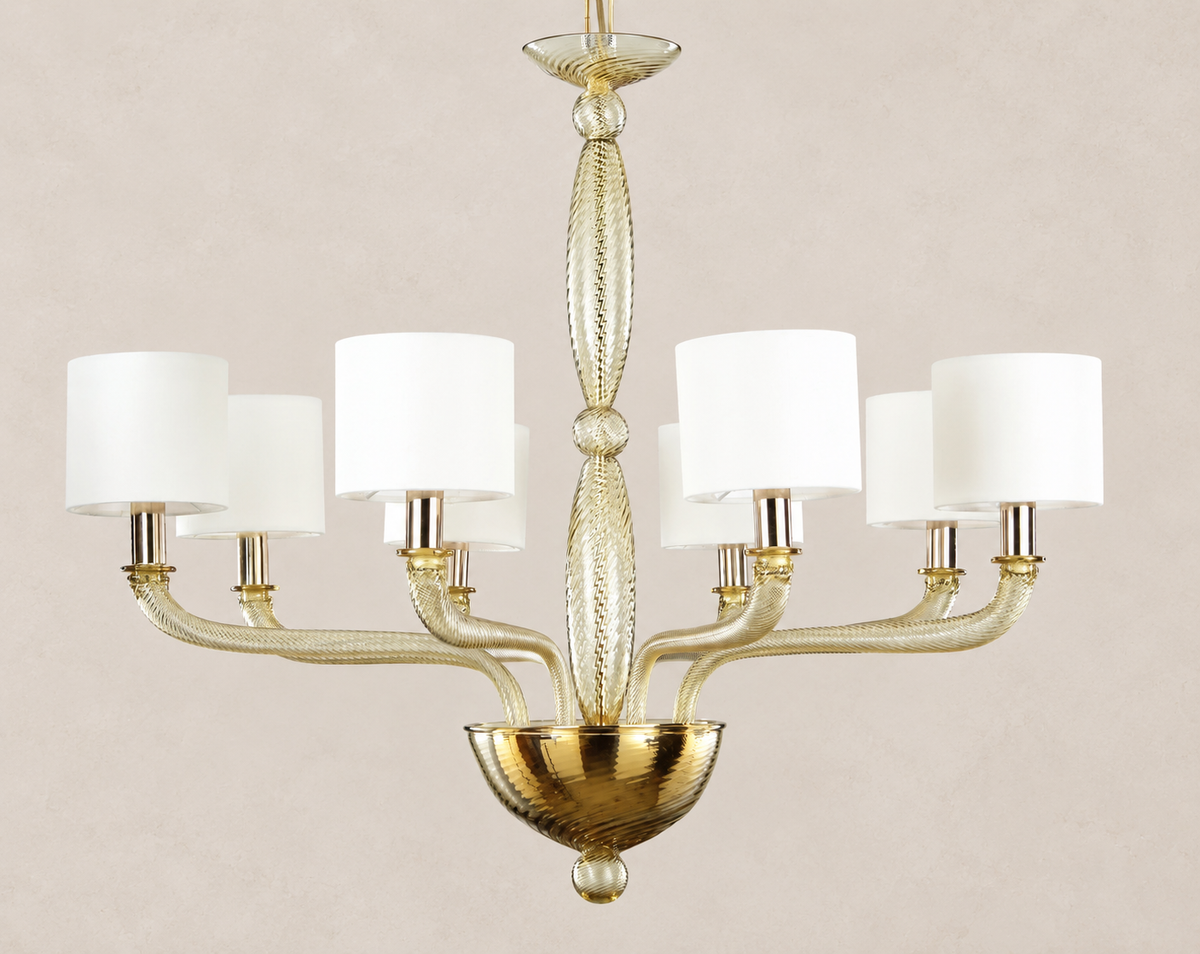 Large Murano Glass Chandelier with Italian Lampshades on pale stone background