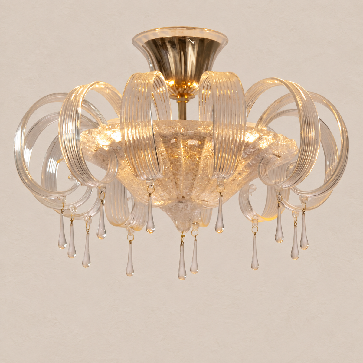 Clear Murano Glass Ceiling Light with Leaves and Drops on pale stone background