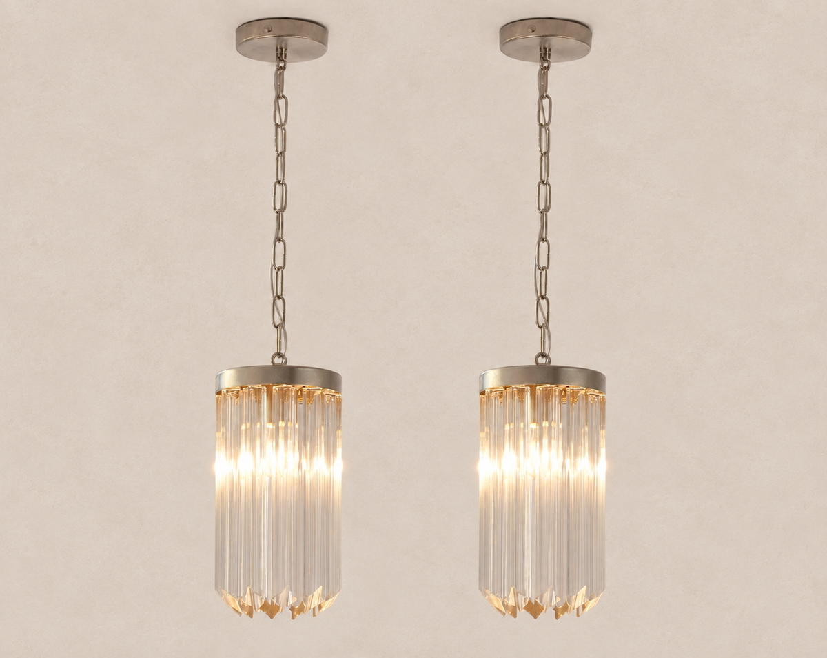 Clear Quadriedri Murano Glass Pendant Lights – Pair on pale stone background