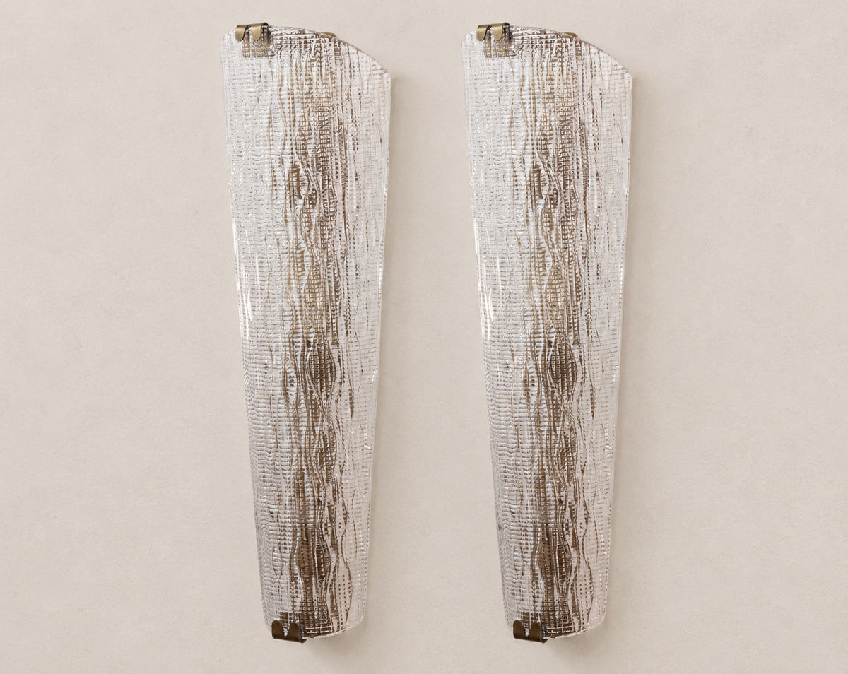 Tall Textured Murano Glass Wall Sconces – Pair on pale stone background