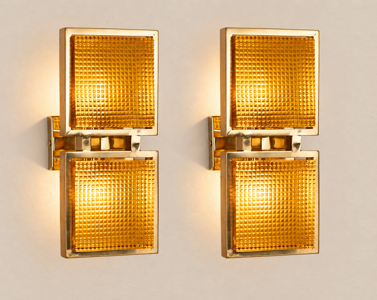 Murano Glass Brick Wall Sconces – Pair on pale stone background