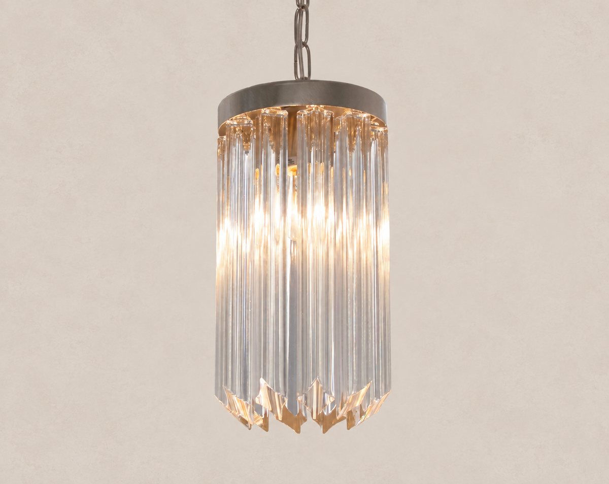 Clear Quadriedri Murano Glass Pendant Light on pale stone background
