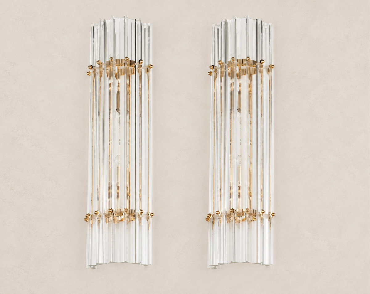 Clear Triedri Murano Glass Wall Sconces – Pair on pale stone background