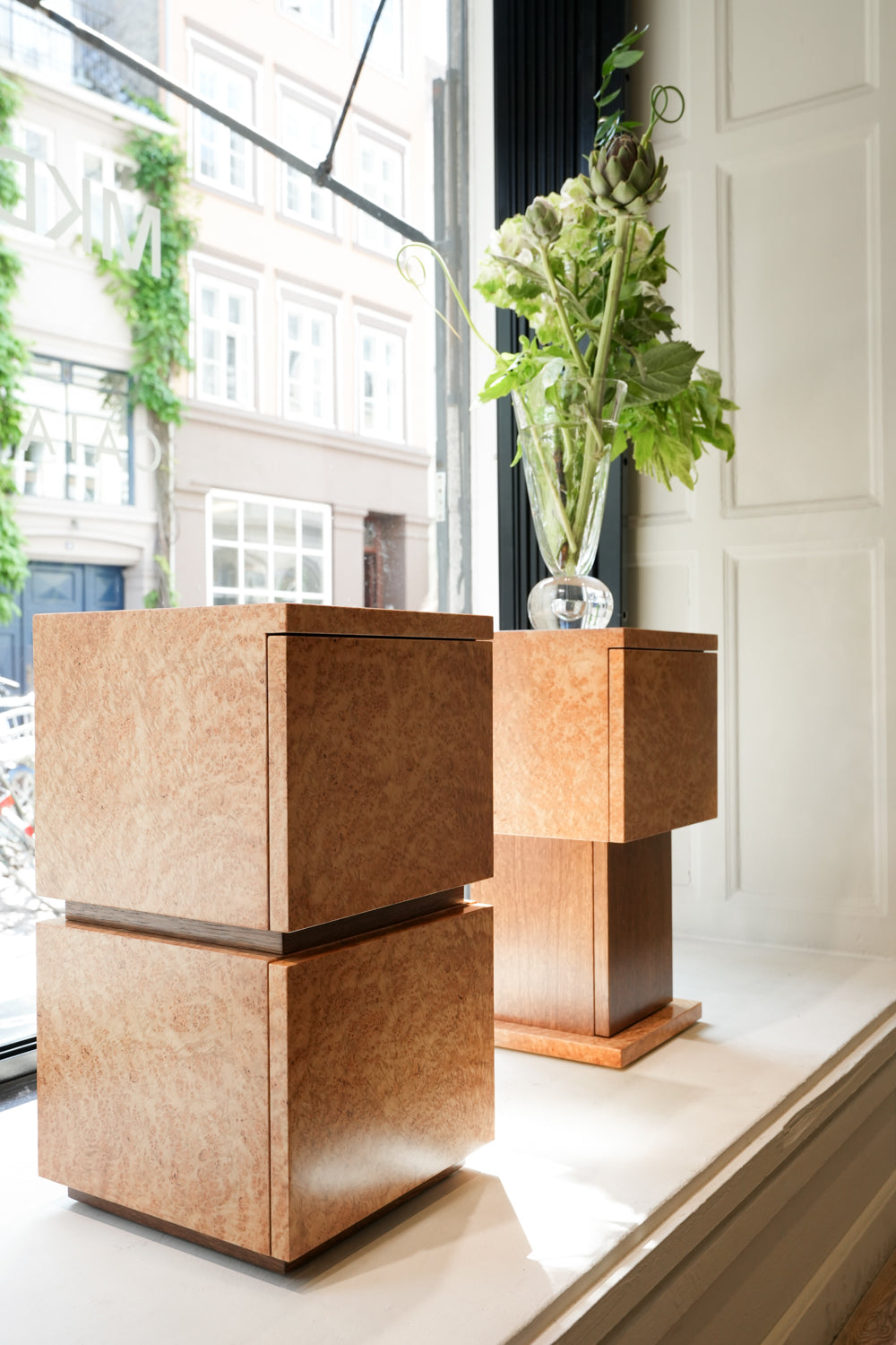Bohult Uno Bedside Table in Burl Veneer & Stained Oak by Caia Leifsdotter