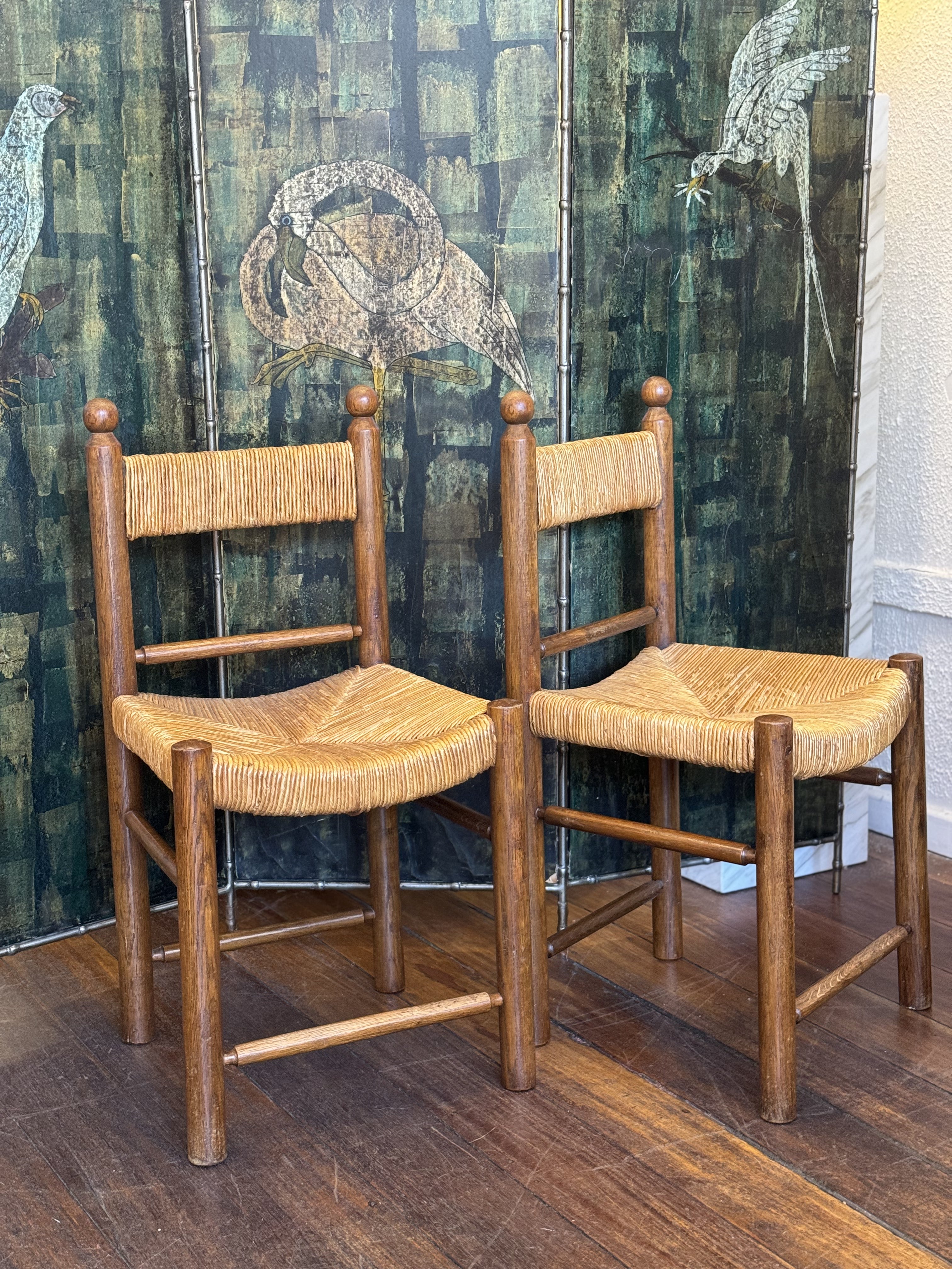Set of 4 1950s Riviera Oak & Rush Chairs in the manner of Charlotte Perriand
