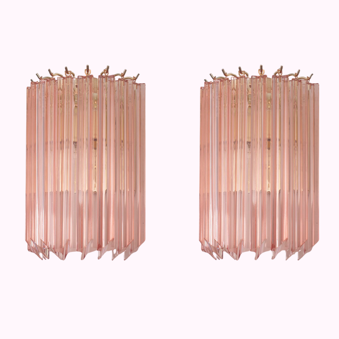Set of 2 Made in Italy quadriedri Murano glass pink colour wall sconces