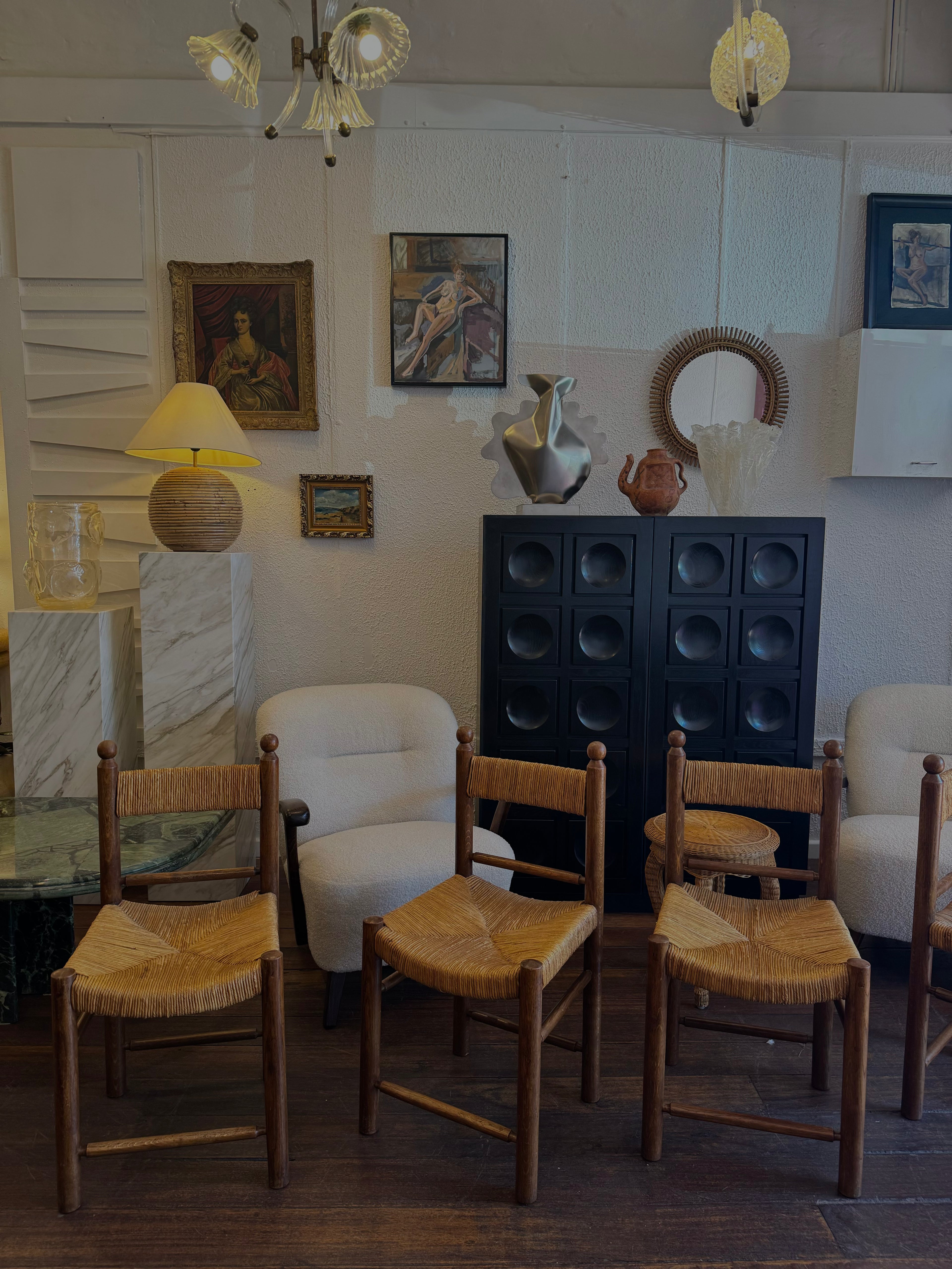 Set of 4 1950s Riviera Oak & Rush Chairs in the manner of Charlotte Perriand