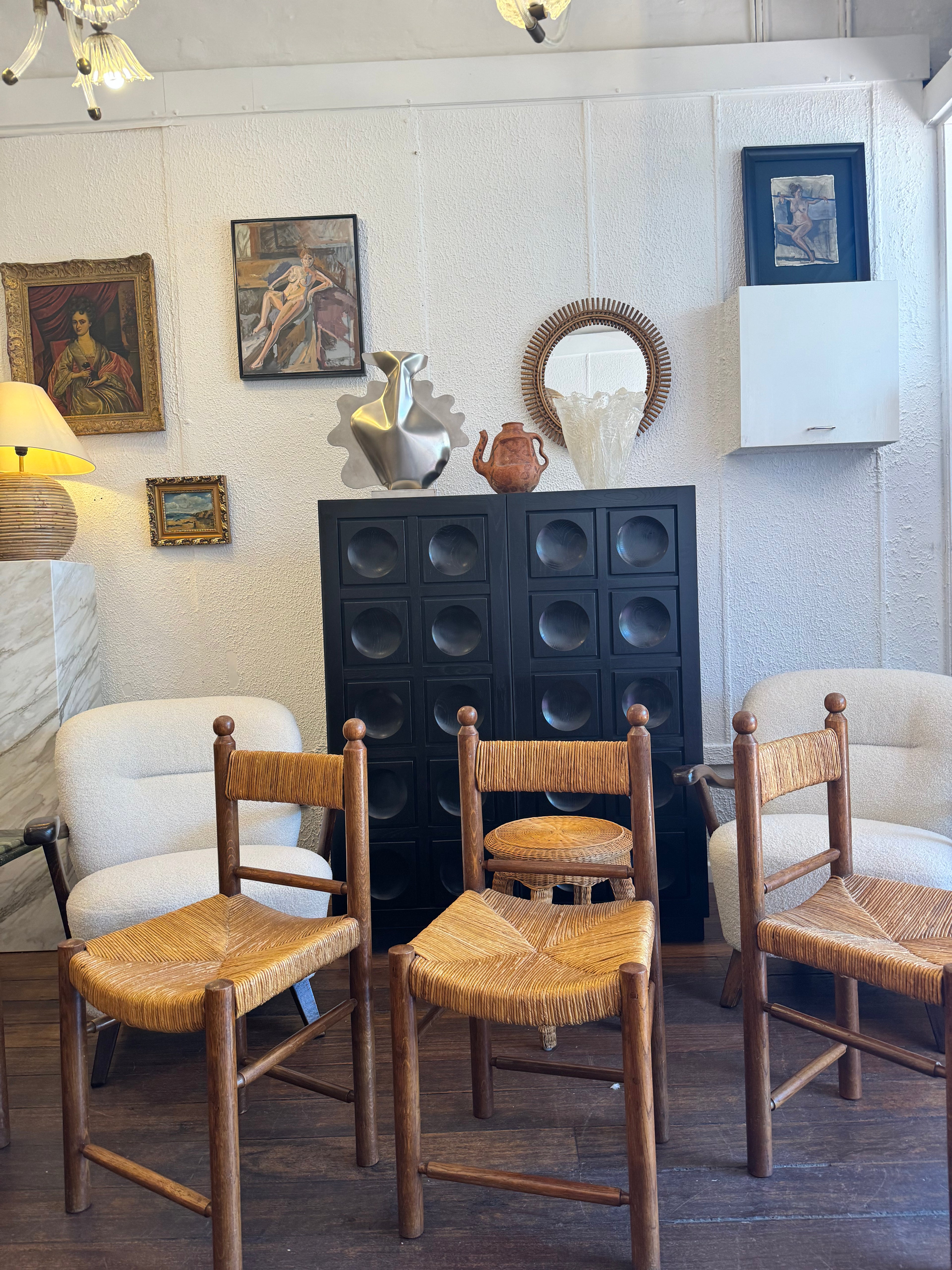 Set of 4 1950s Riviera Oak & Rush Chairs in the manner of Charlotte Perriand