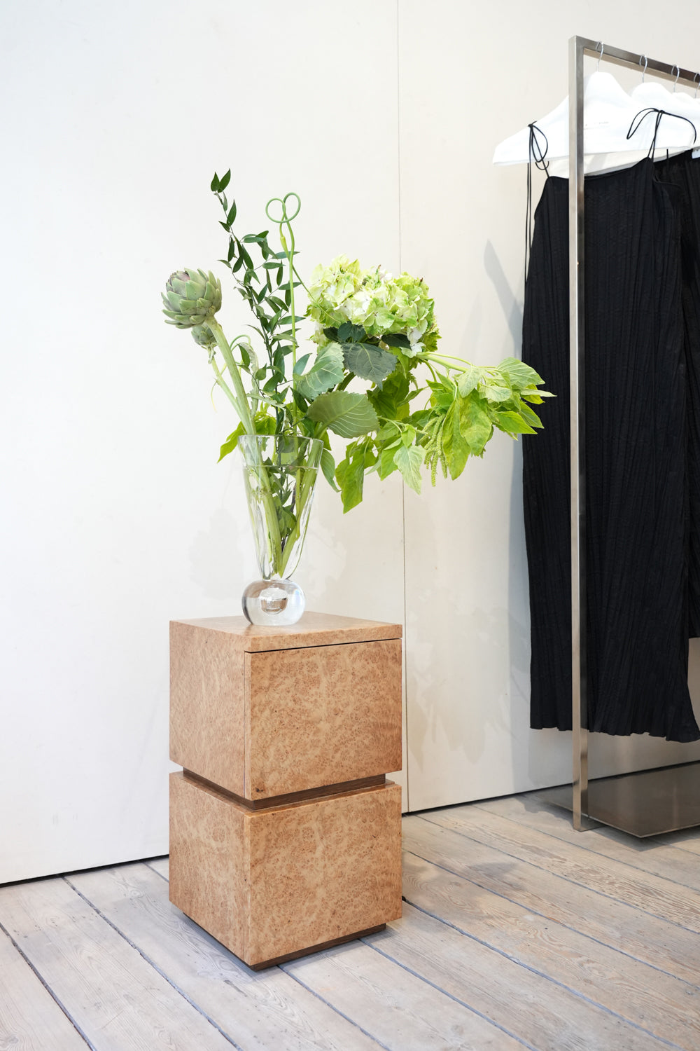 Bohult duo Bedside Table in Double Burl & Stained Oak by Caia Leifsdotter