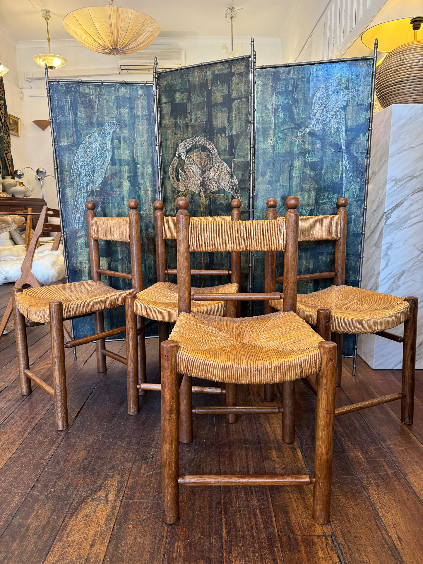 Set of 4 Oak & Rush Chairs in the manner of Charlotte Perriand