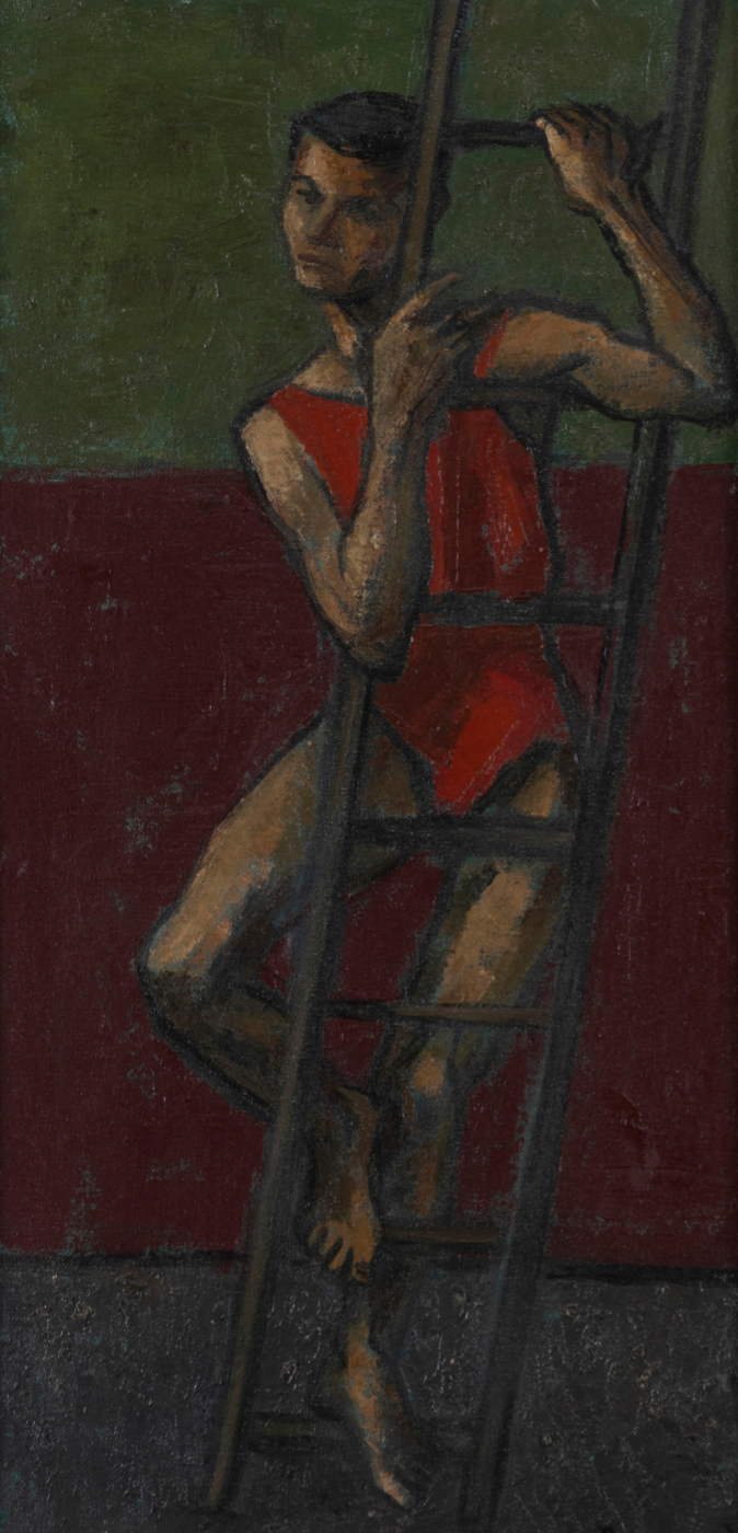 Vintage oil on canvas painting – dancer on ladder figurative art