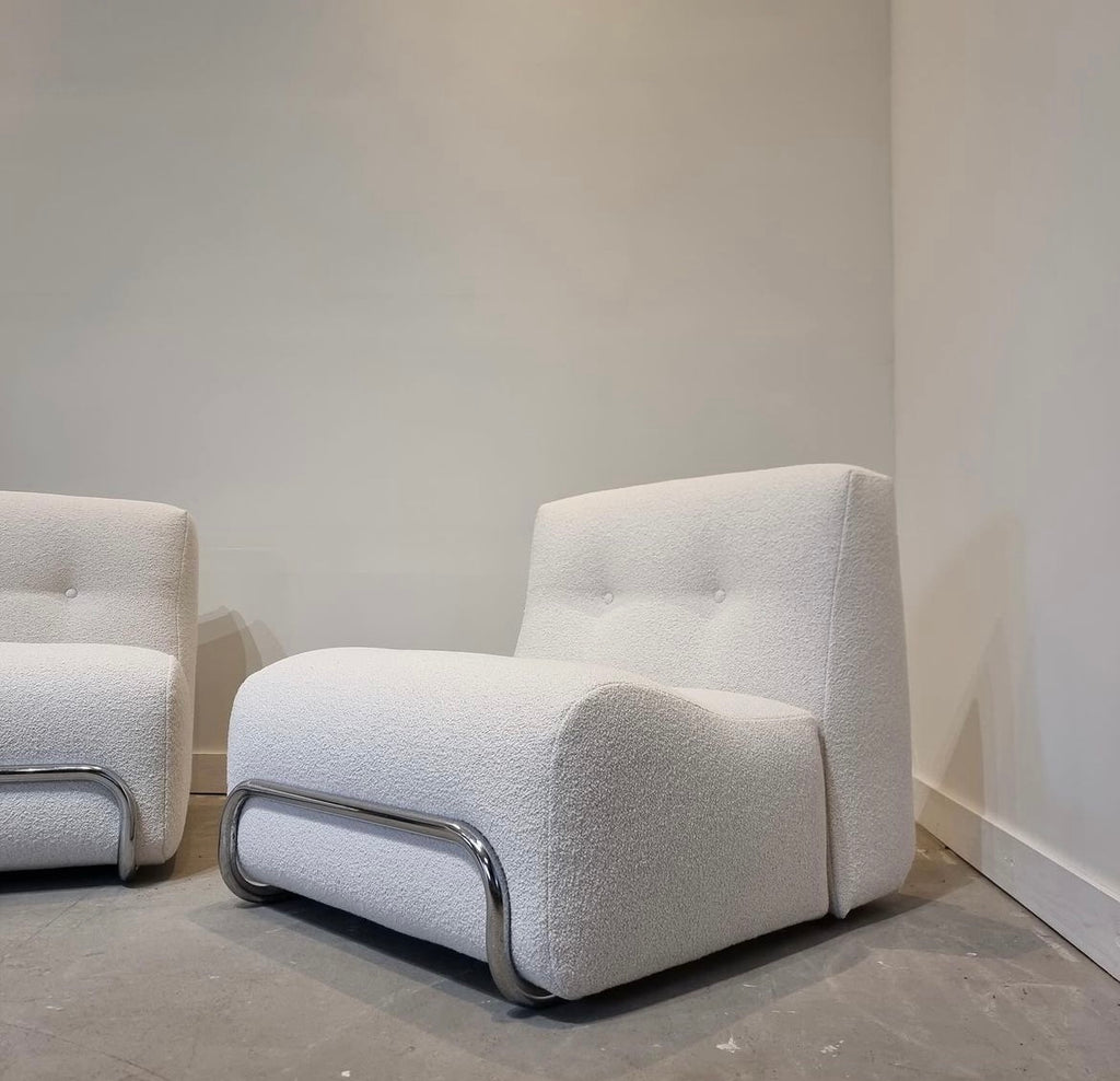 Pair of 1980s Italian Chrome & Boucle armchairs