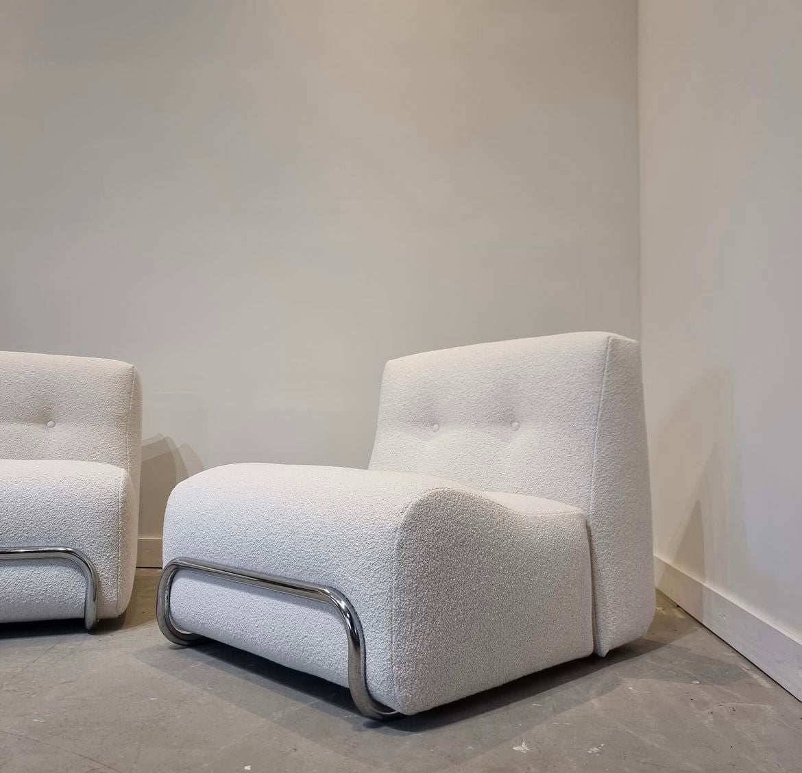Pair of 1980s Italian Chrome & Boucle armchairs