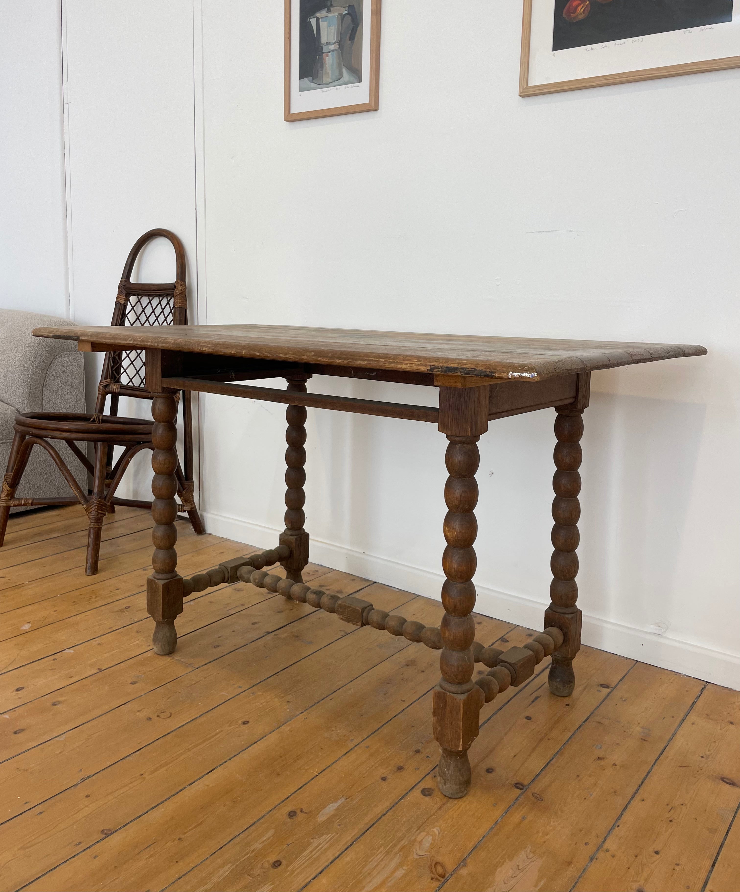 French 19th C Oak Table
with Bobbin Legs