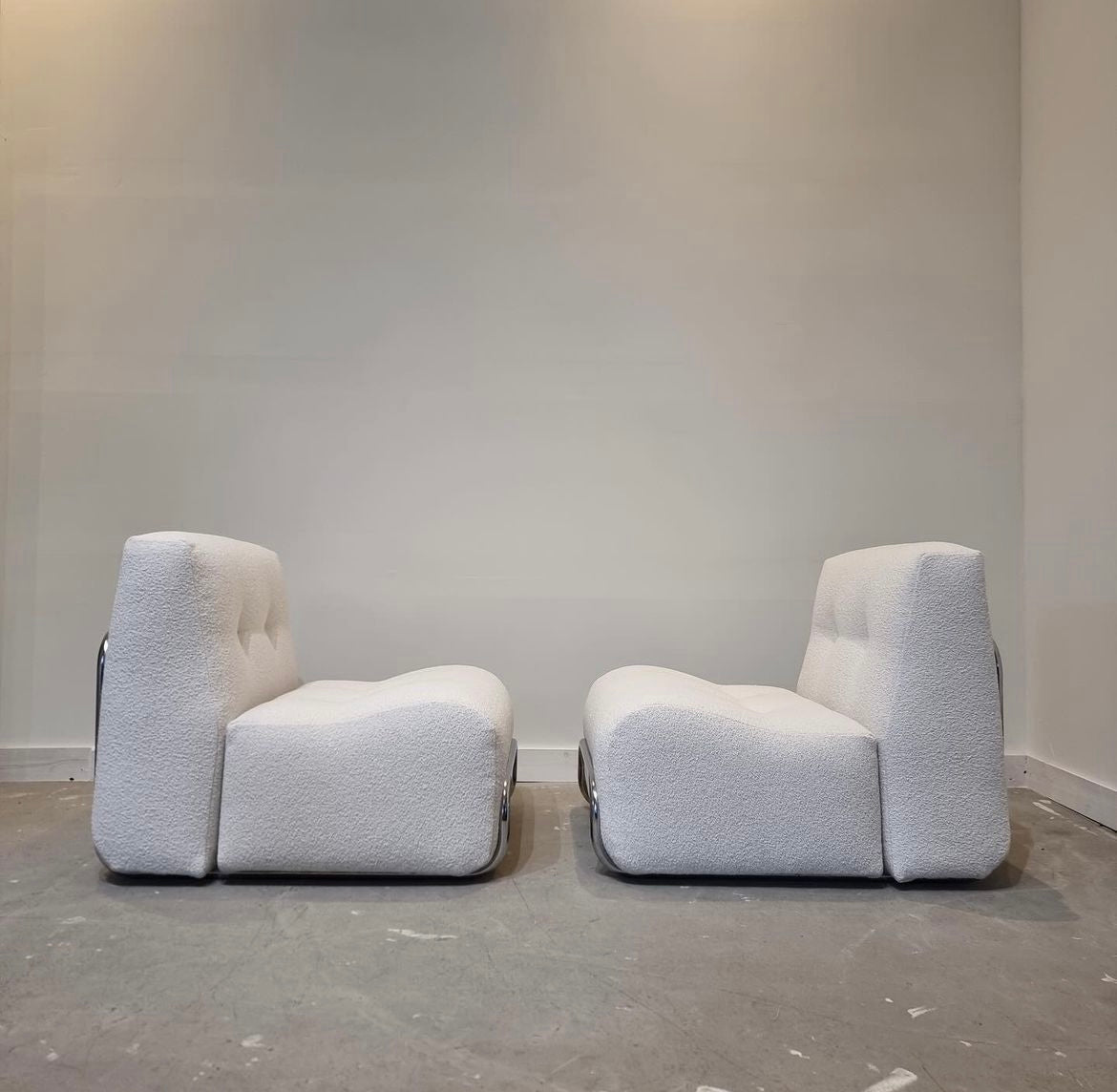 Pair of 1980s Italian Chrome & Boucle armchairs