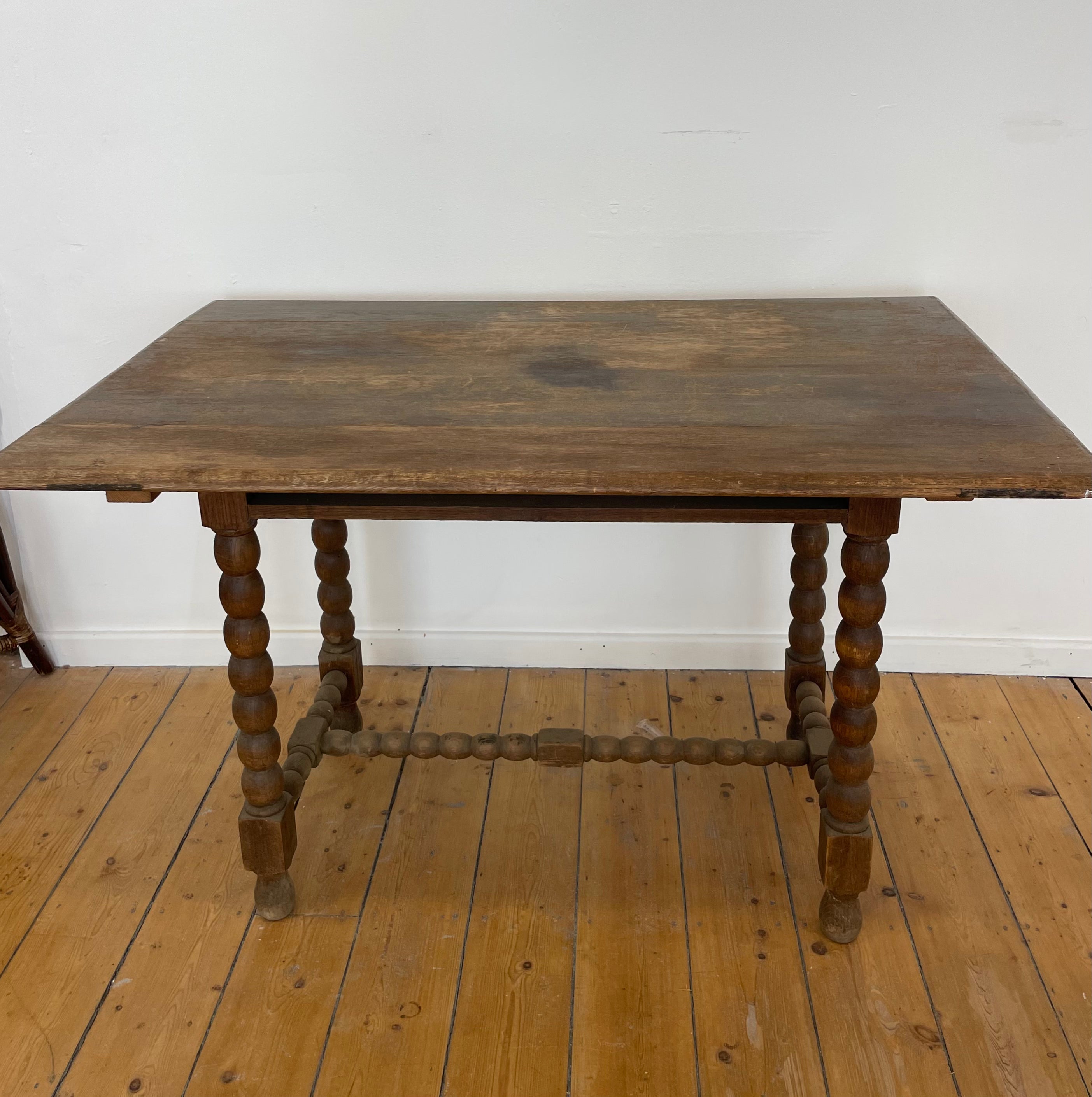 French 19th C Oak Table
with Bobbin Legs