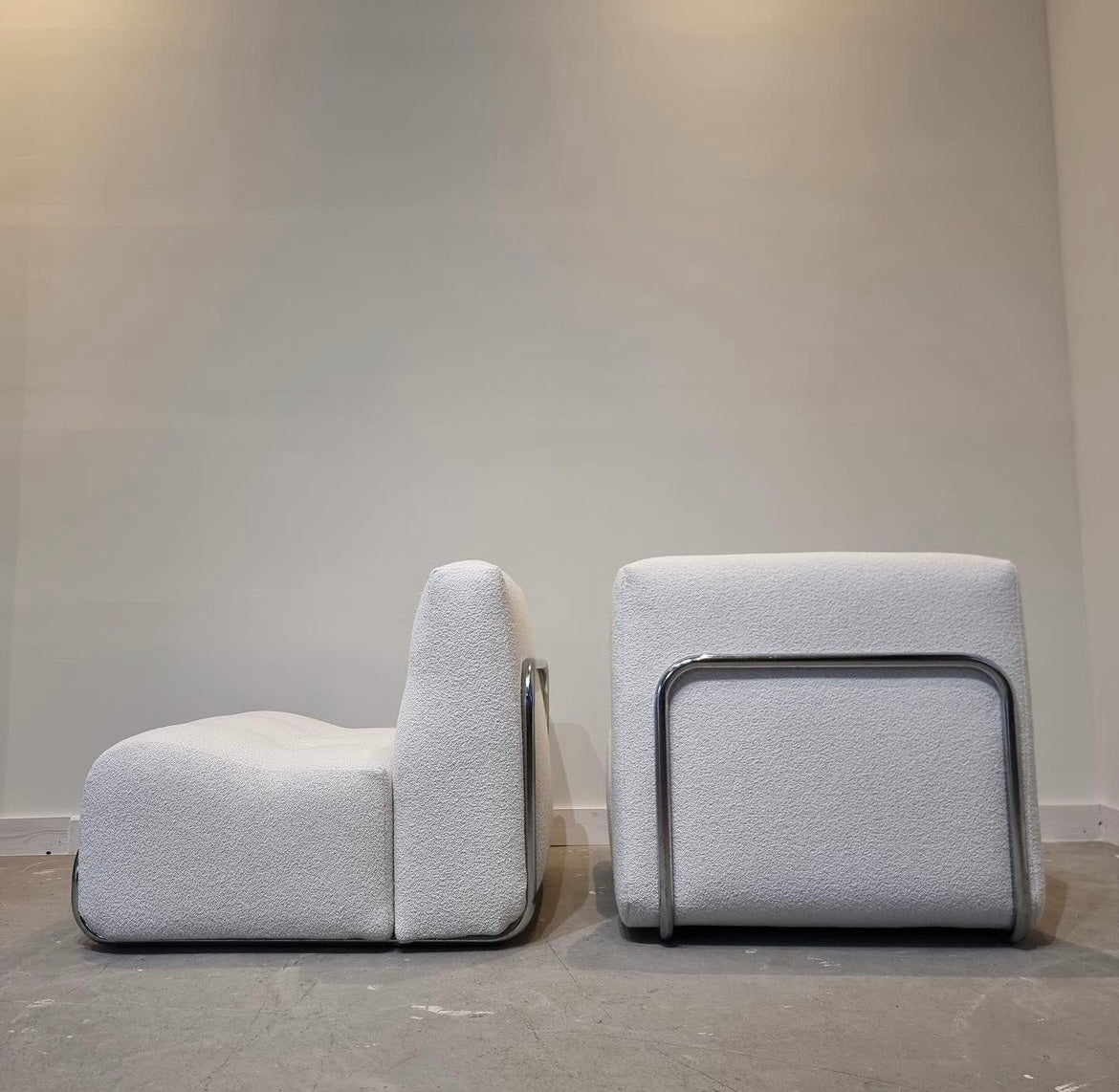 Pair of 1980s Italian Chrome & Boucle armchairs