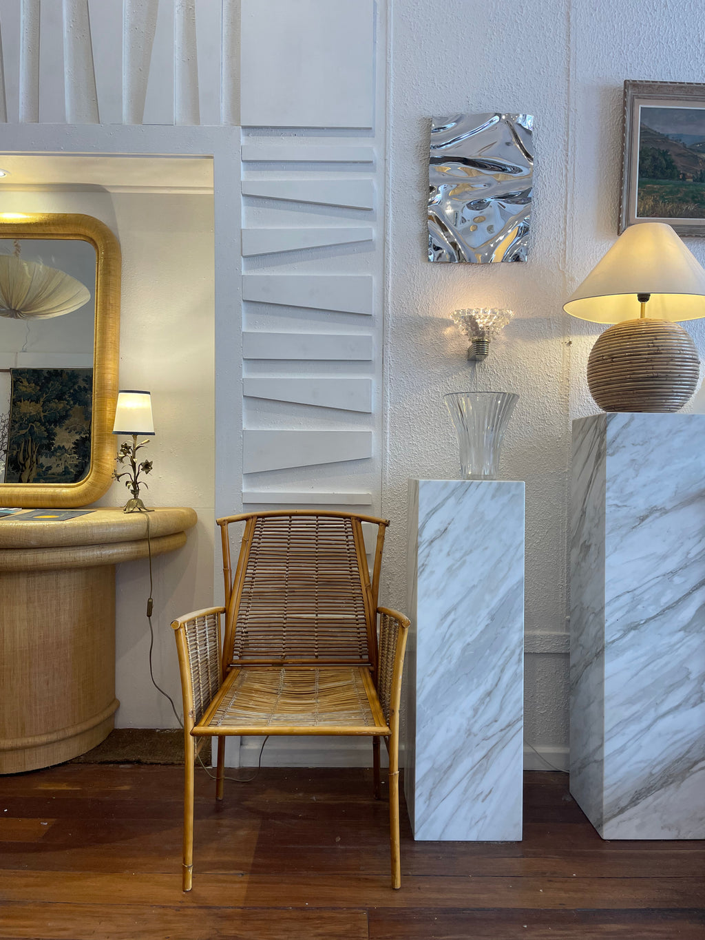 Mid-century French bamboo chair with natural woven detailing