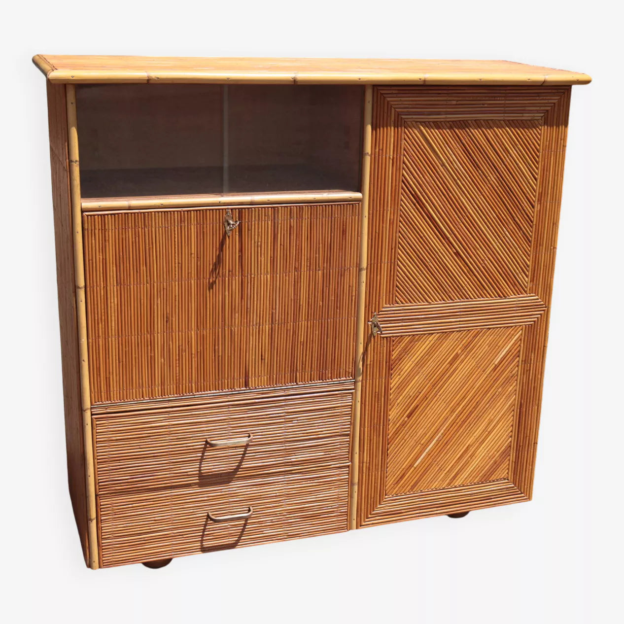 Audoux Minet 1950 Rattan Wardrobe Cabinet