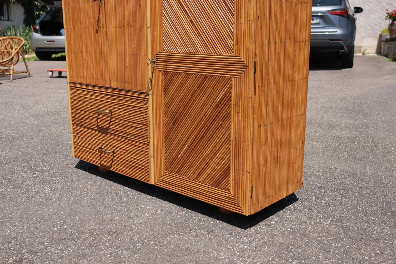 Audoux Minet 1950 Rattan Wardrobe Cabinet