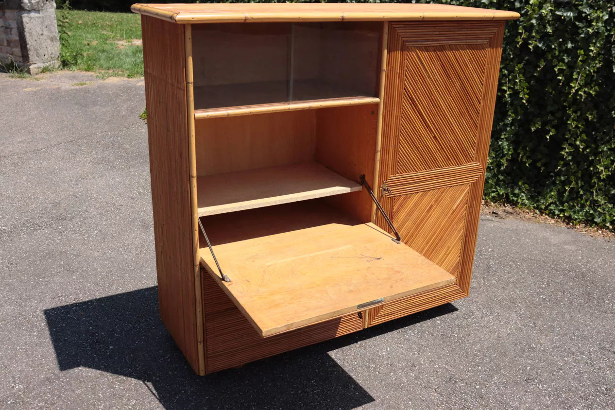 Audoux Minet 1950 Rattan Wardrobe Cabinet