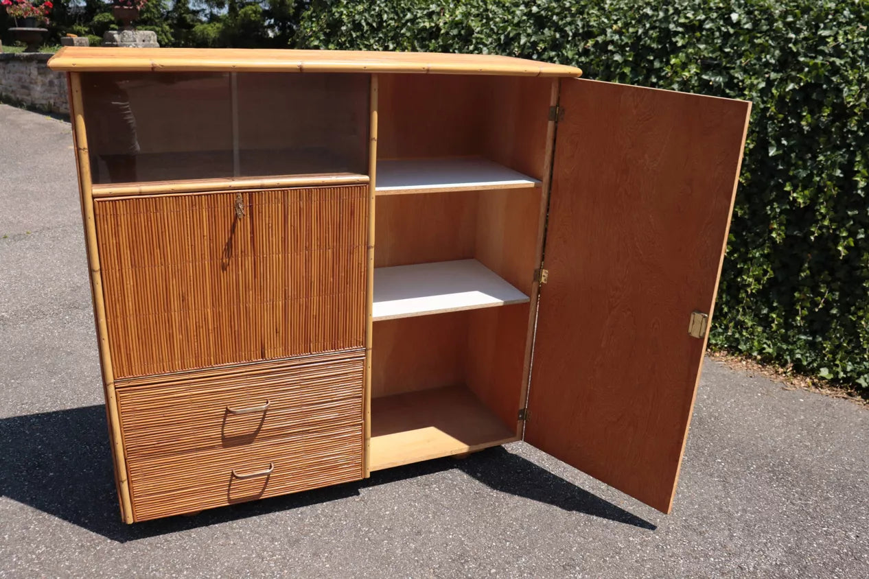 Audoux Minet 1950 Rattan Wardrobe Cabinet