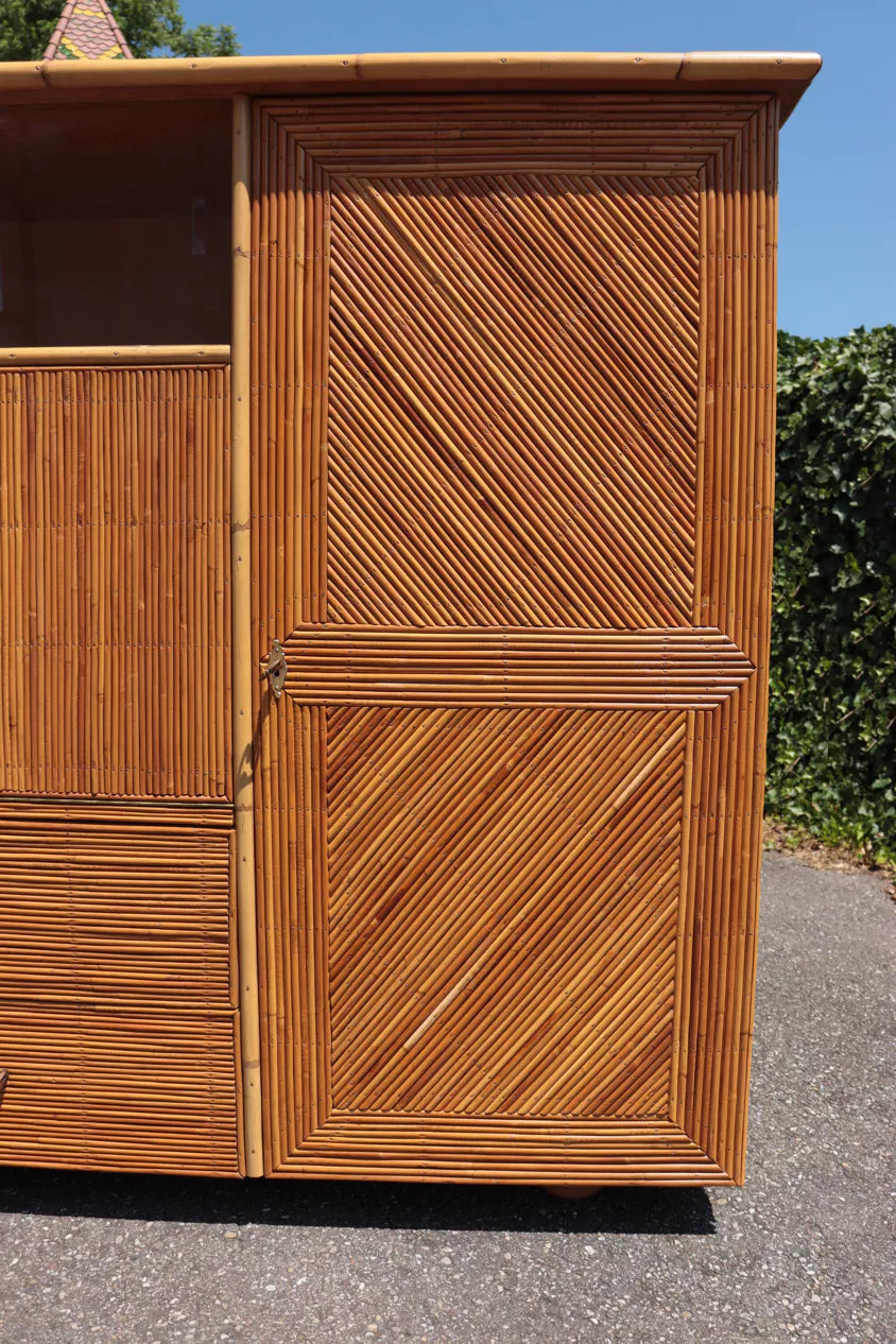 Audoux Minet 1950 Rattan Wardrobe Cabinet