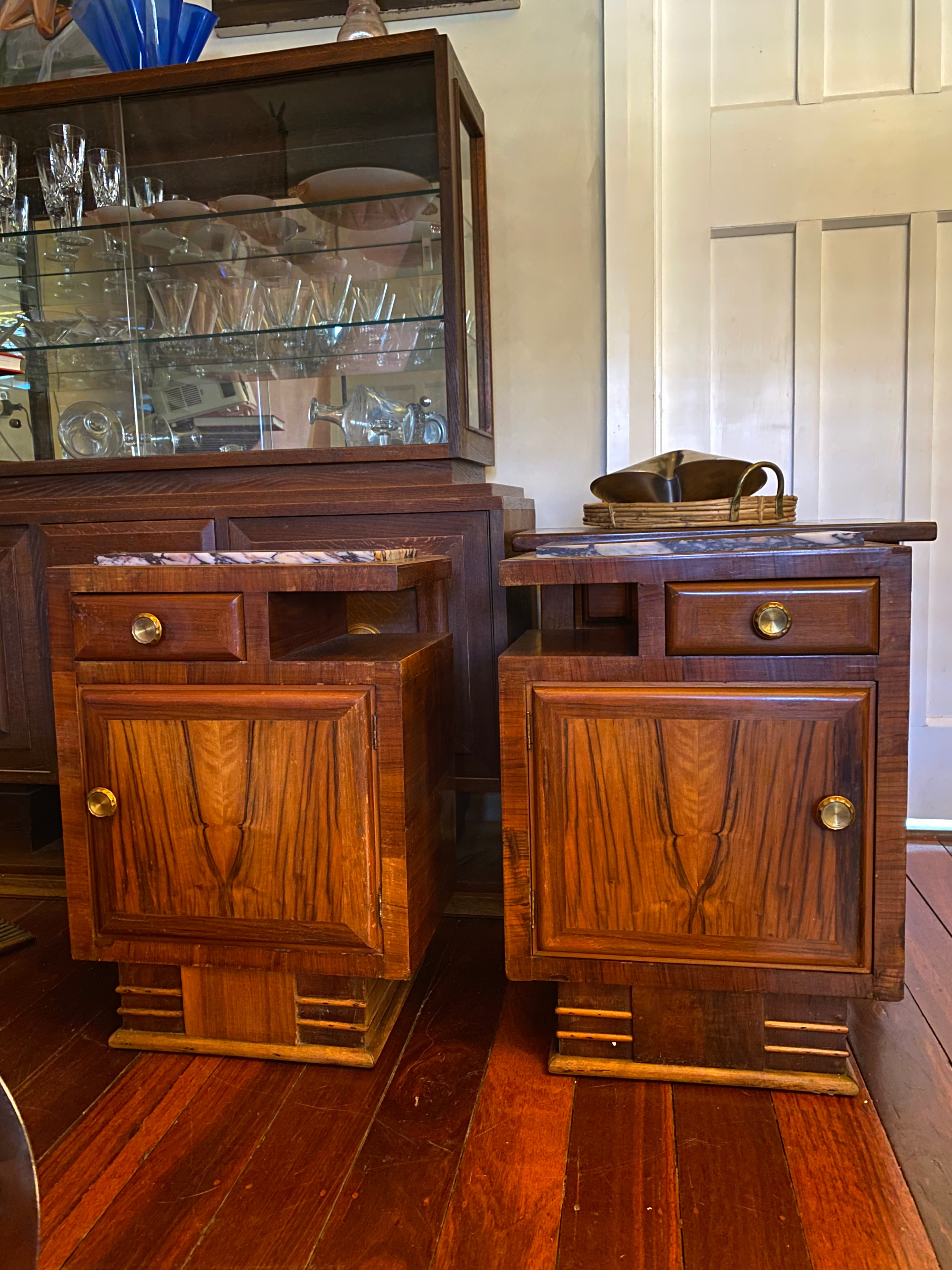 Walnut Stained French Oak Side tables with a Marble top