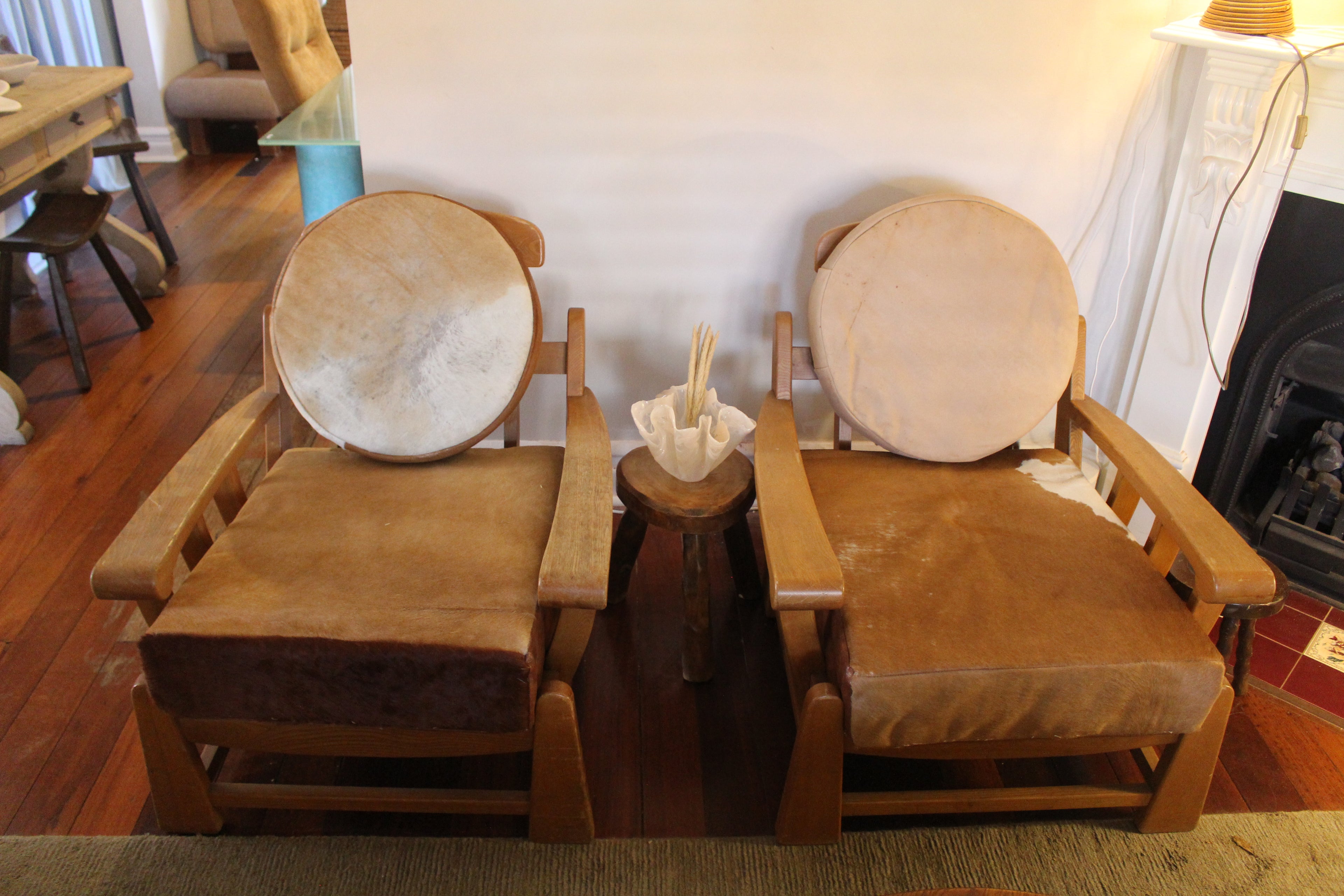 Guillerme & Chambron Armchairs with Cow Hide, 1950