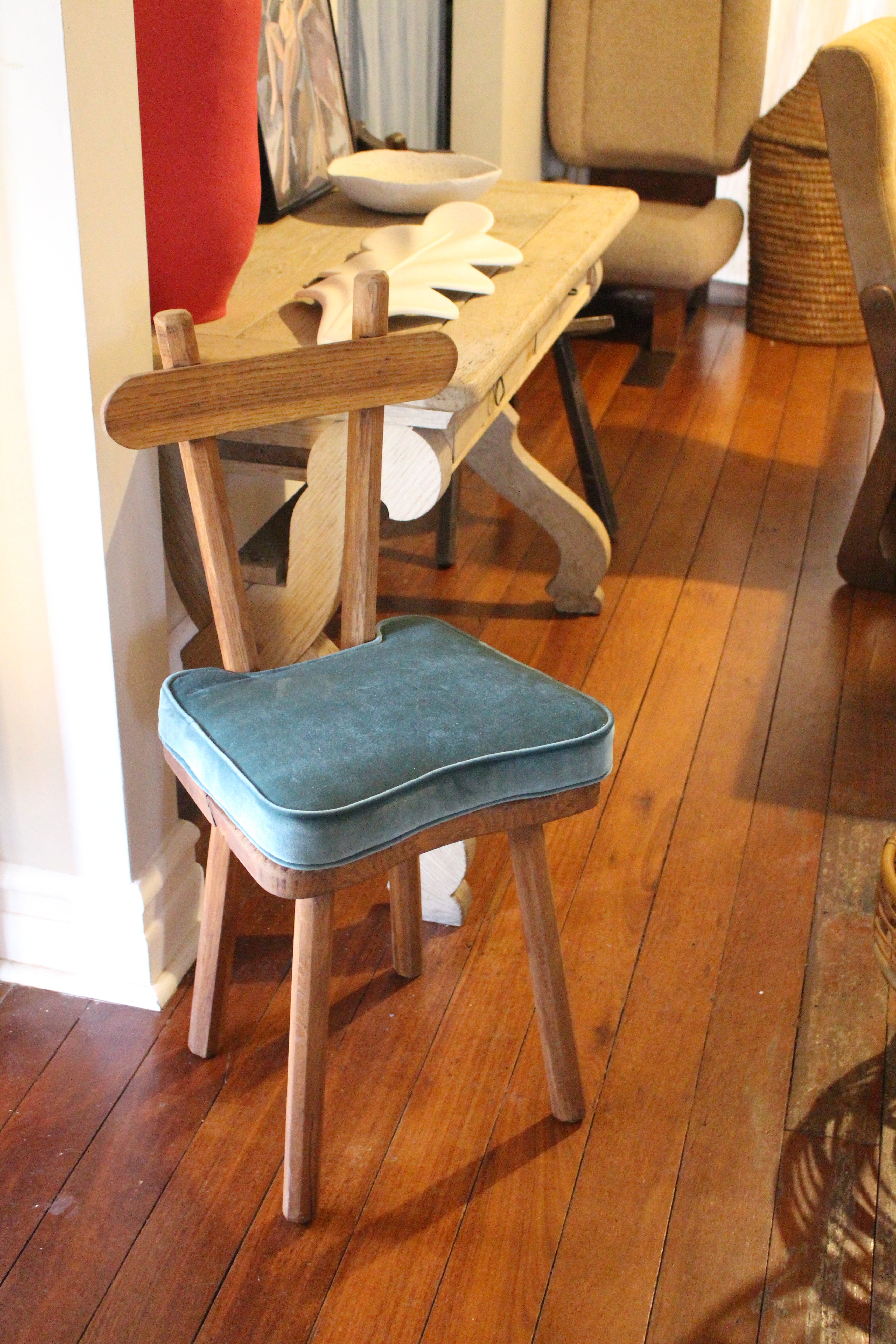 French Brutalist Chair with Teal Cushion