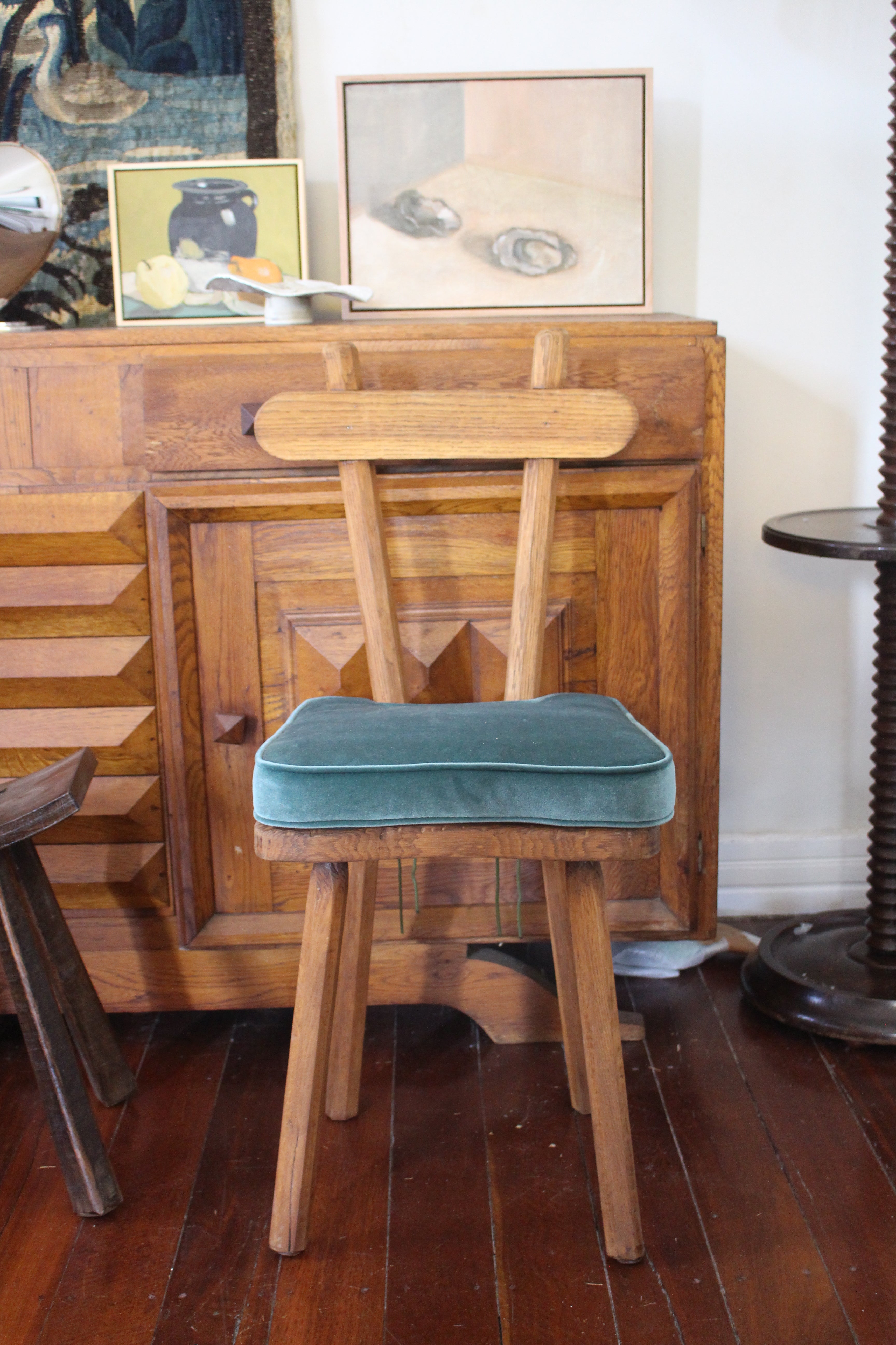 French Brutalist Chair with Teal Cushion