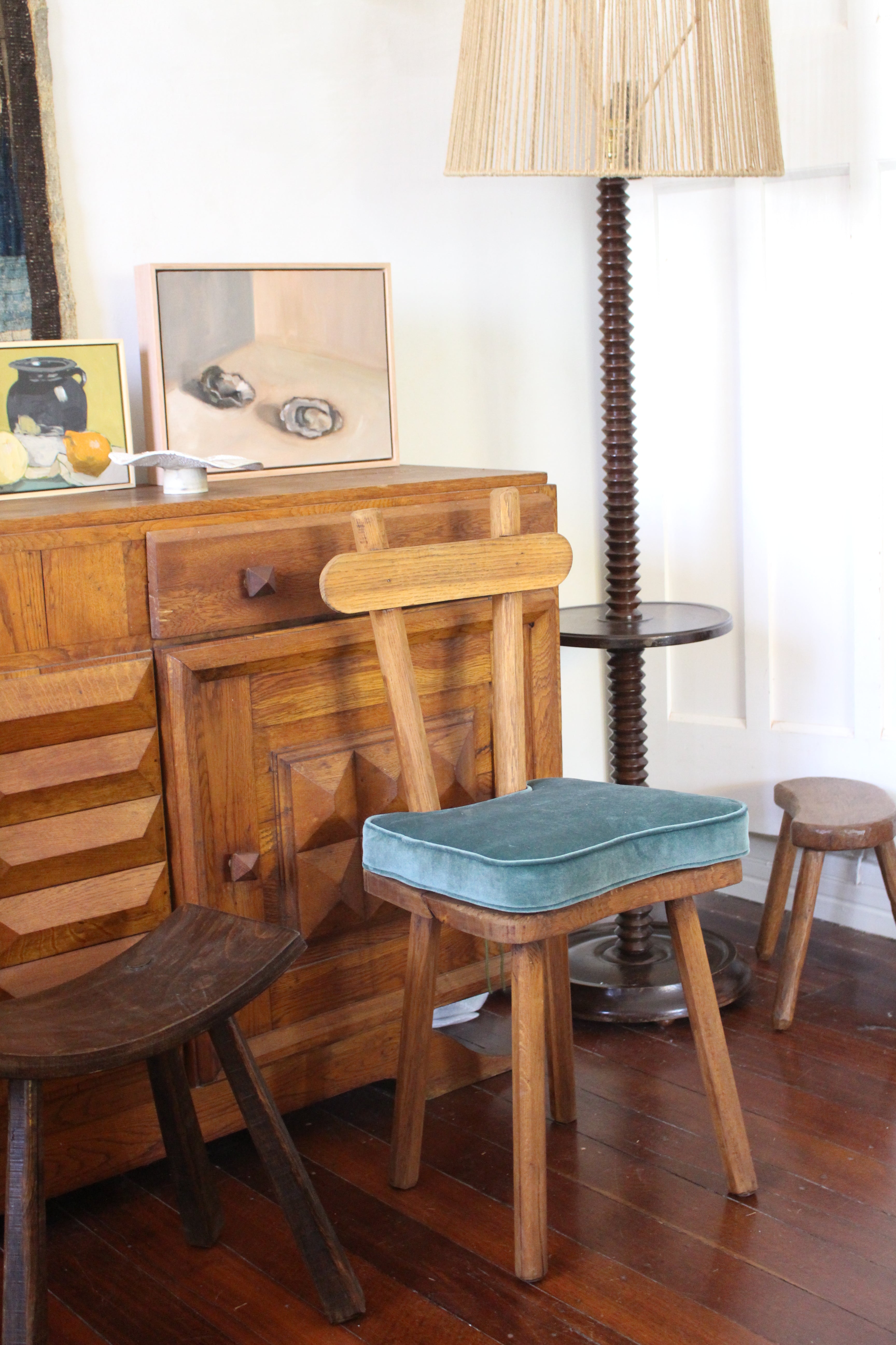 French Brutalist Chair with Teal Cushion