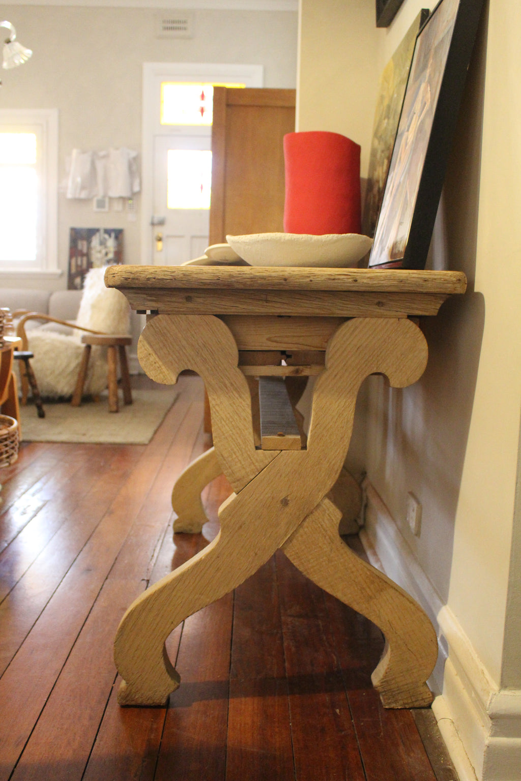 1900s Parisian French Oak Desk or Entry Table with Lyre Legs