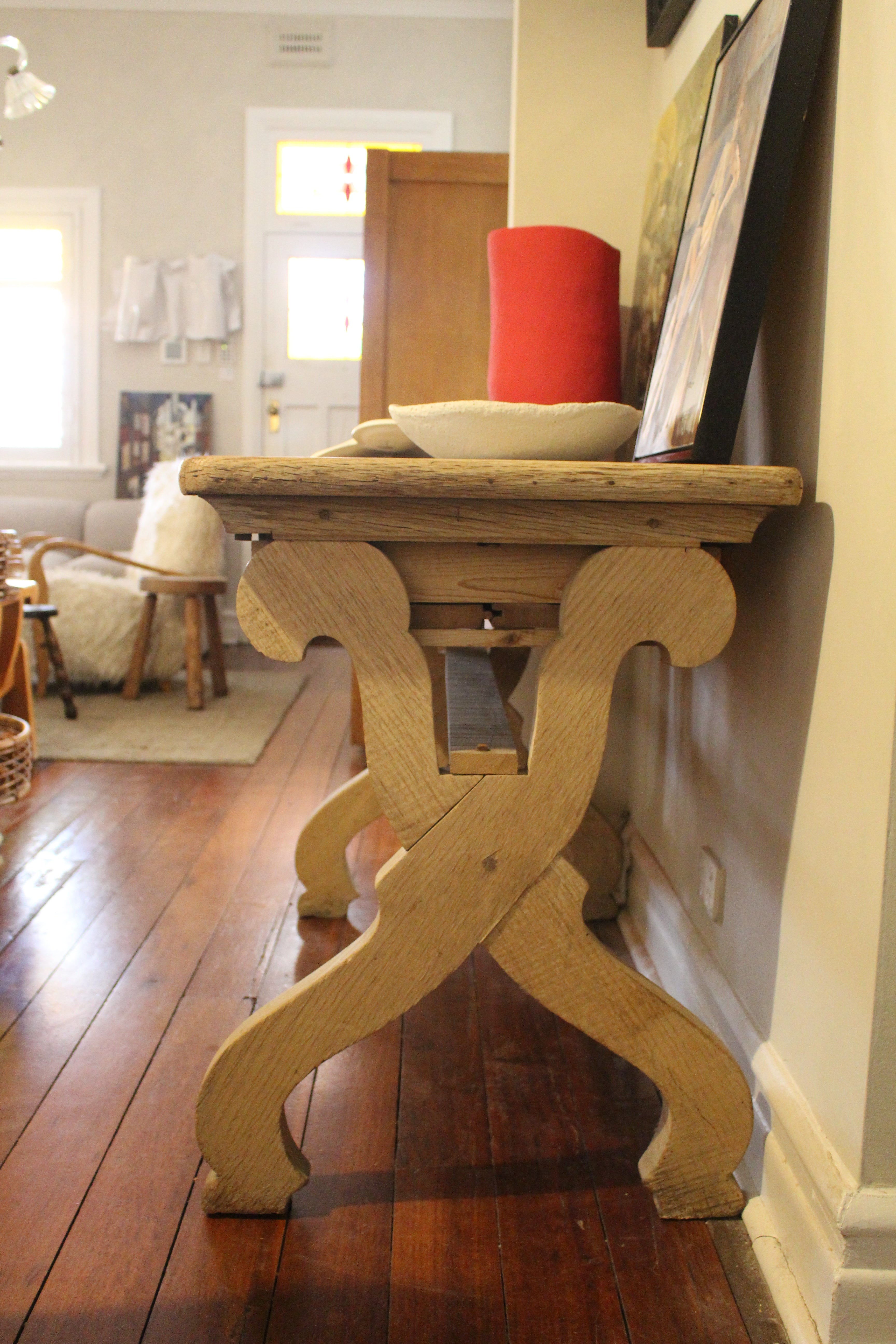 1900s Parisian French Oak Desk or Entry Table with Lyre Legs